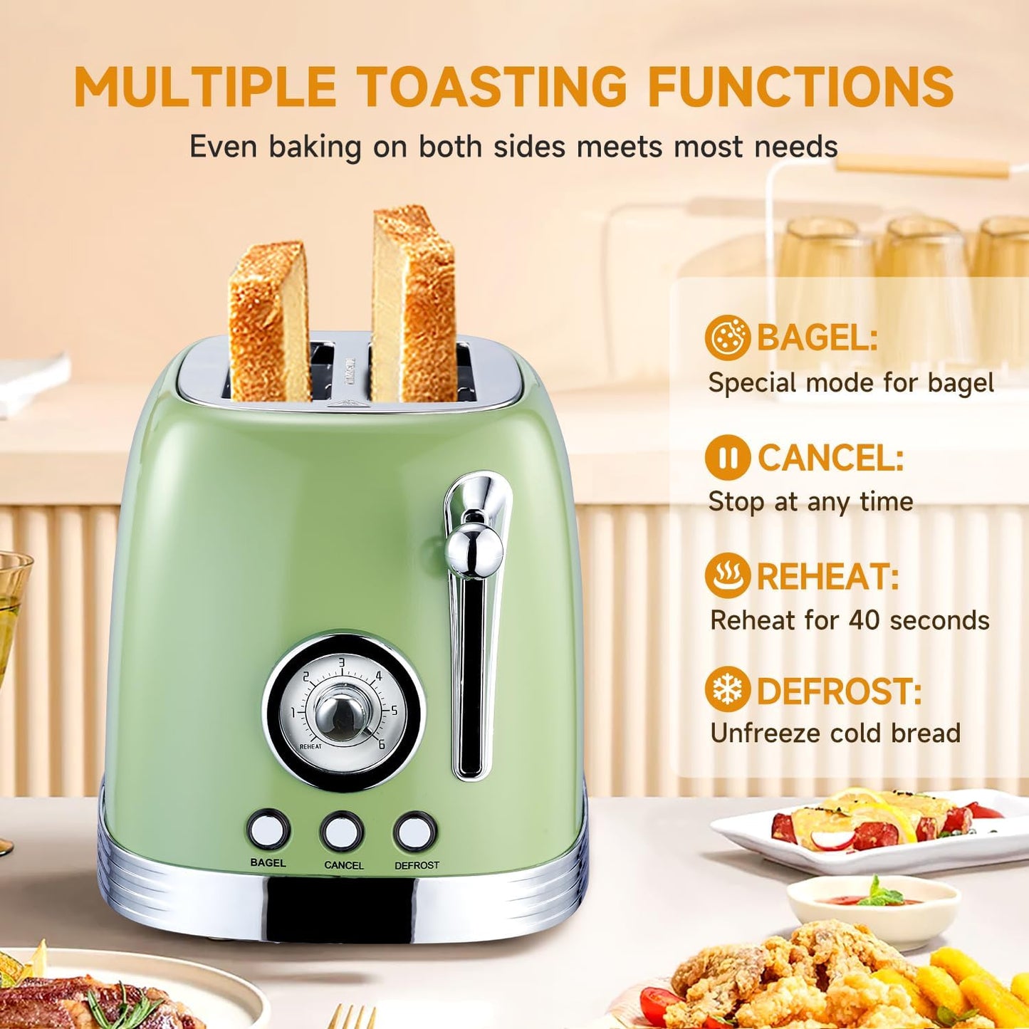 Green Cute Retro Toaster 2 Slice with 1.58" Wide Slots, with Stainless Steel Lid, with Warming Rack, Preheat, Defrost, Countdown Timer Display