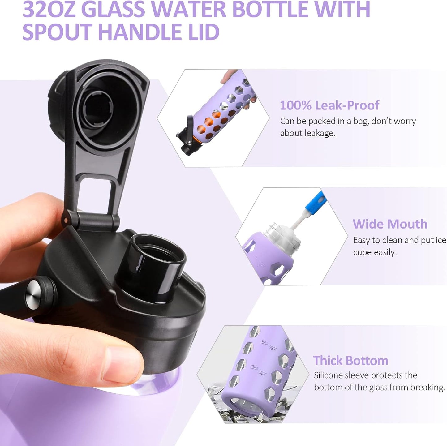 MUKOKO 32oz Glass Water Bottles with 2 Lids-Handle Spout Lid&Bamboo Straw Lid, Motivational Water Tumbler with Time Marker Reminder and Silicone Sleeve, Leakproof-Purple-1 Pack