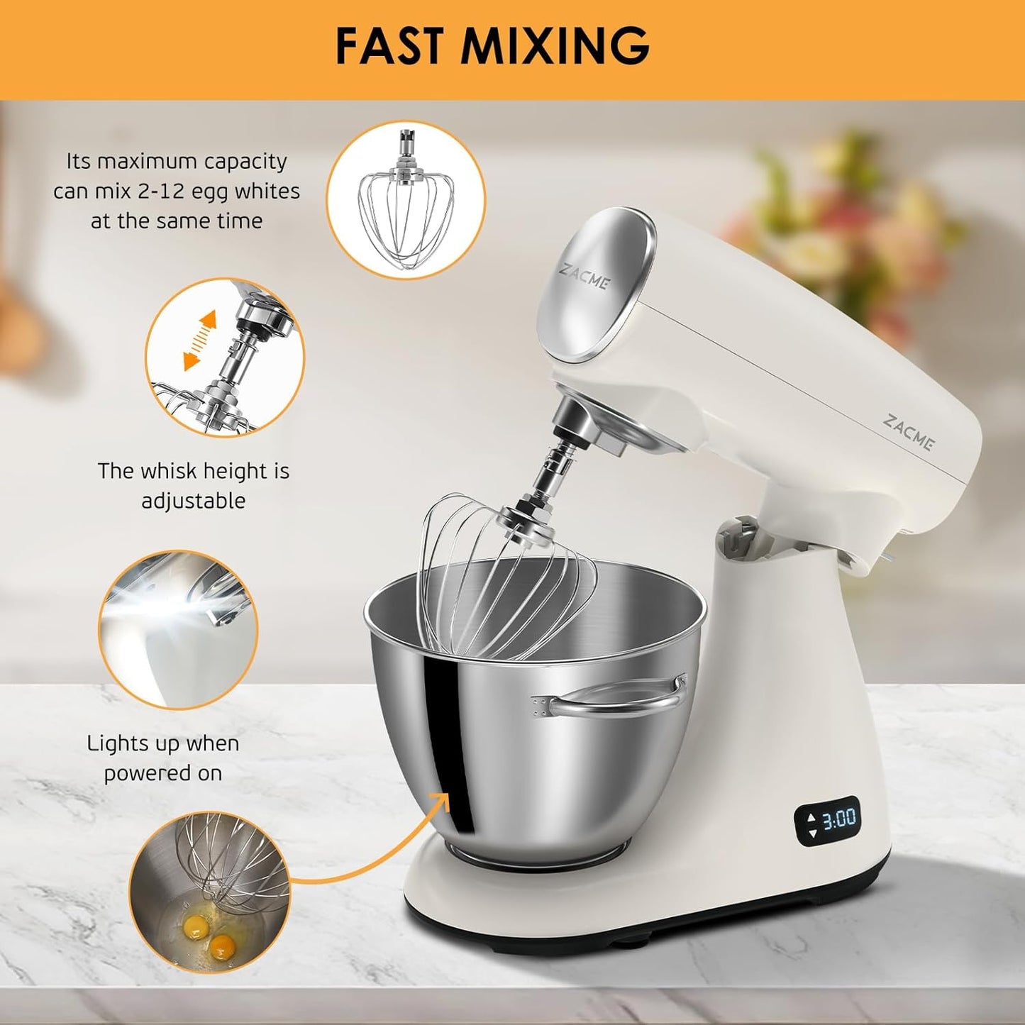 ZACME Mixers Kitchen Electric Stand Mixer 5.5QT 600W, Aluminum die casting and Gears, Dual Cooling System, Low Noise, DC Motor, LED Display and Timing Function, Tilt-head Metal Food Mixer, White