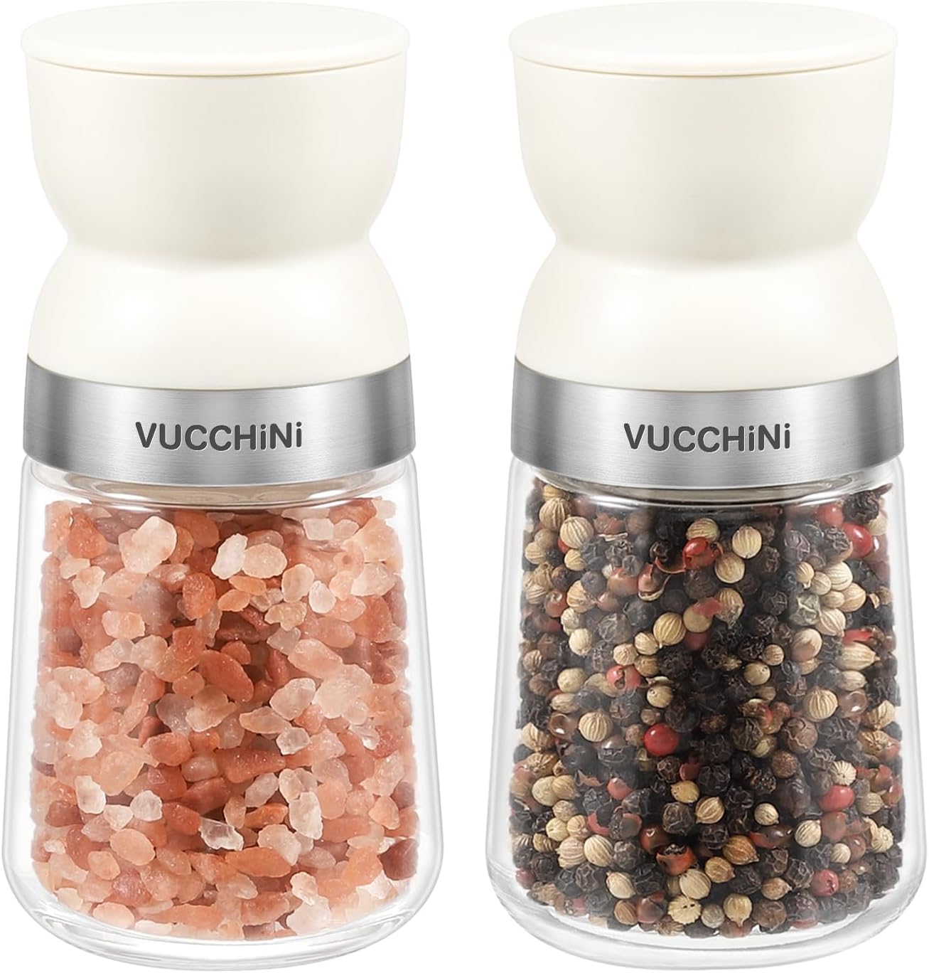 Vucchini Salt and Pepper Grinder Set with Adjustable Coarseness Ceramic Pepper Mill Manual Effortless Salt Grinder Spice Grinder for Home, Kitchen, Beige