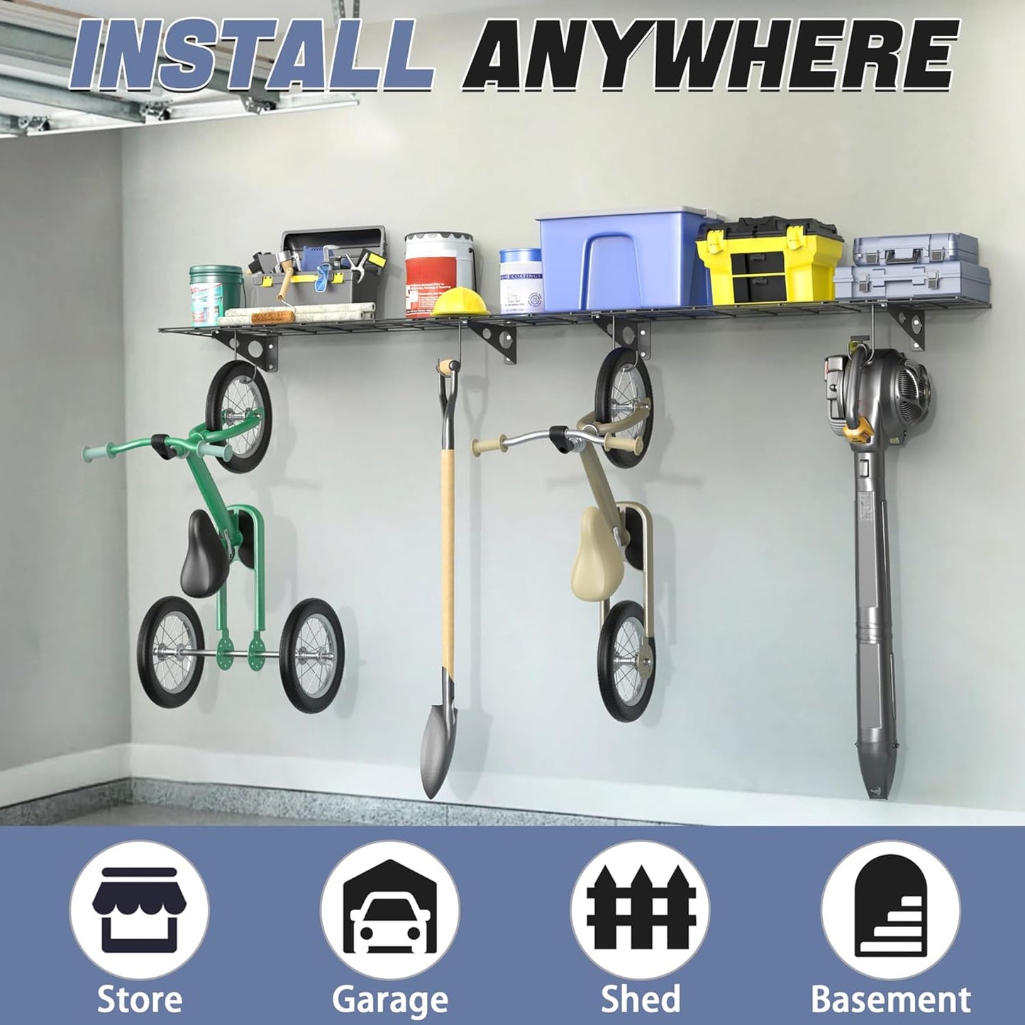 WALMANN 2 Pack Garage Wall Shelves, 1 x 4 ft/12 * 48 inch Wall Mounted Storage Shelves for Garage Heavy Duty Floating Shelving, Holds Up to 220 lbs(Black)