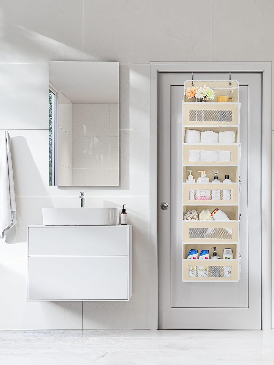 JARLINK 2 Pack Over The Door Organizer Storage, 5 Shelf Hanging Door Organizer with 5 Large Capacity Pockets, Anti Tilt 44 lb Load Behind Door Storage for Bedroom, Bathroom, Pantry, Nursery, (Beige)