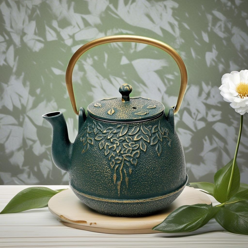TOPTIER Japanese Cast Iron Tea Kettle with Infuser, Leaf Design Teapot Stovetop Safe Coated with Enameled Interior for 32 Ounce (950 ml), Dark Green