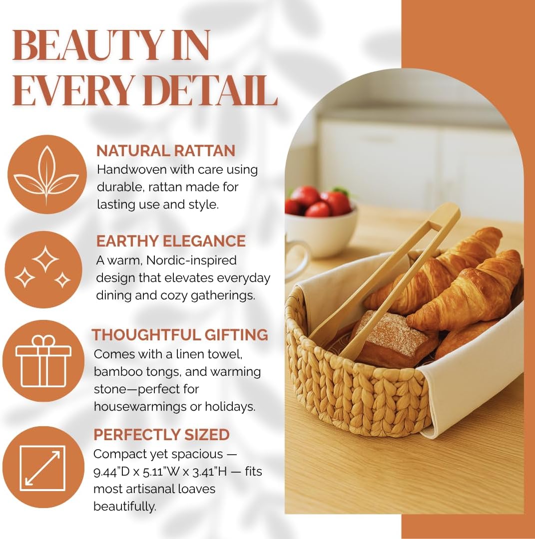 Bread Warmer Basket with Stone - Tortilla Warmer - Bread Baskets for Serving- 11.8x9x4.72 Inches - House Warming Gifts