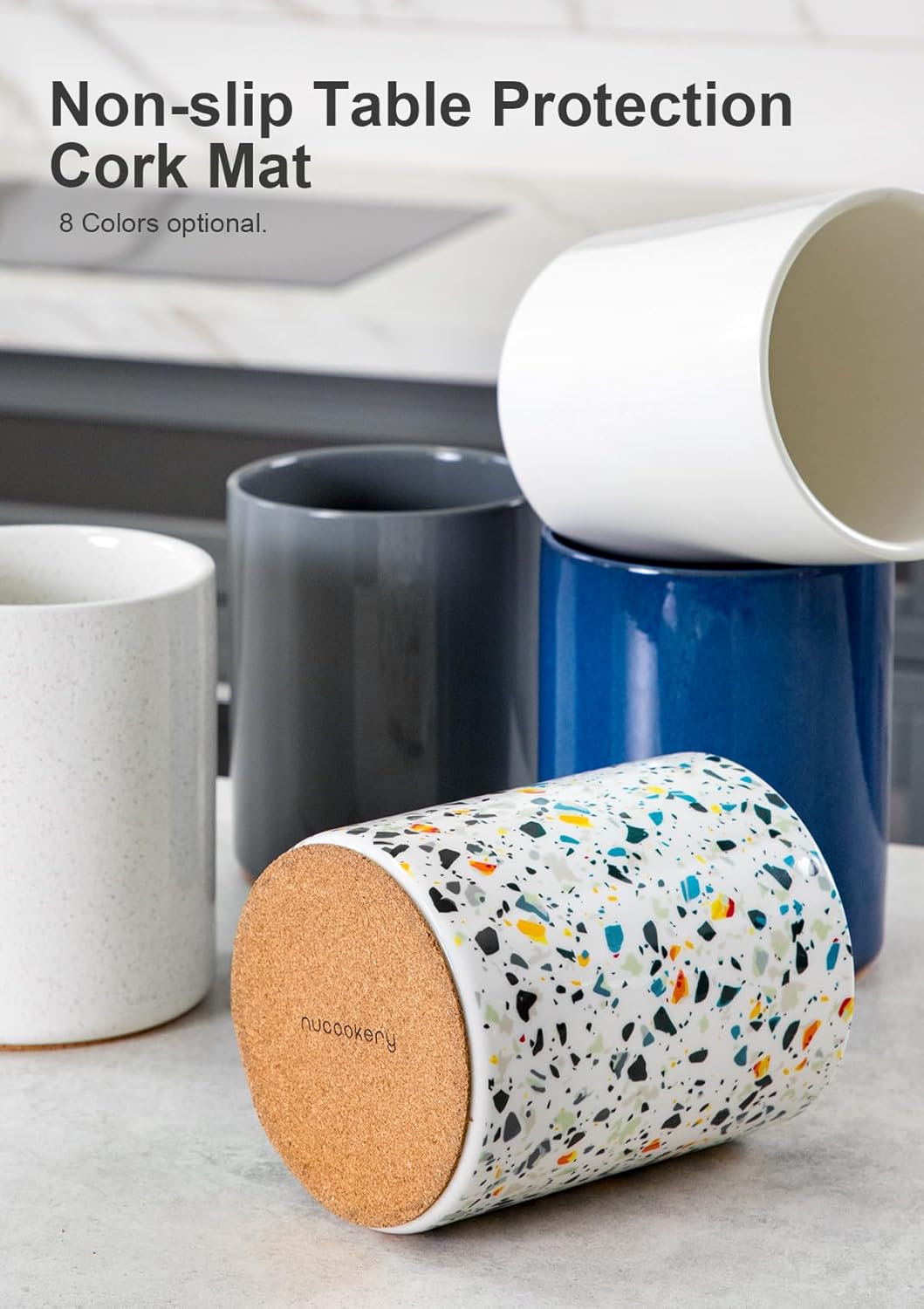 Nucookery Utensil Holder, 6.4" Ceramic Kitchen Utensil Holder for Countertop with Protection Cork Bottom, Vintage Farmhouse Kitchen Decor for Counter, Gift (Marble Pattern)