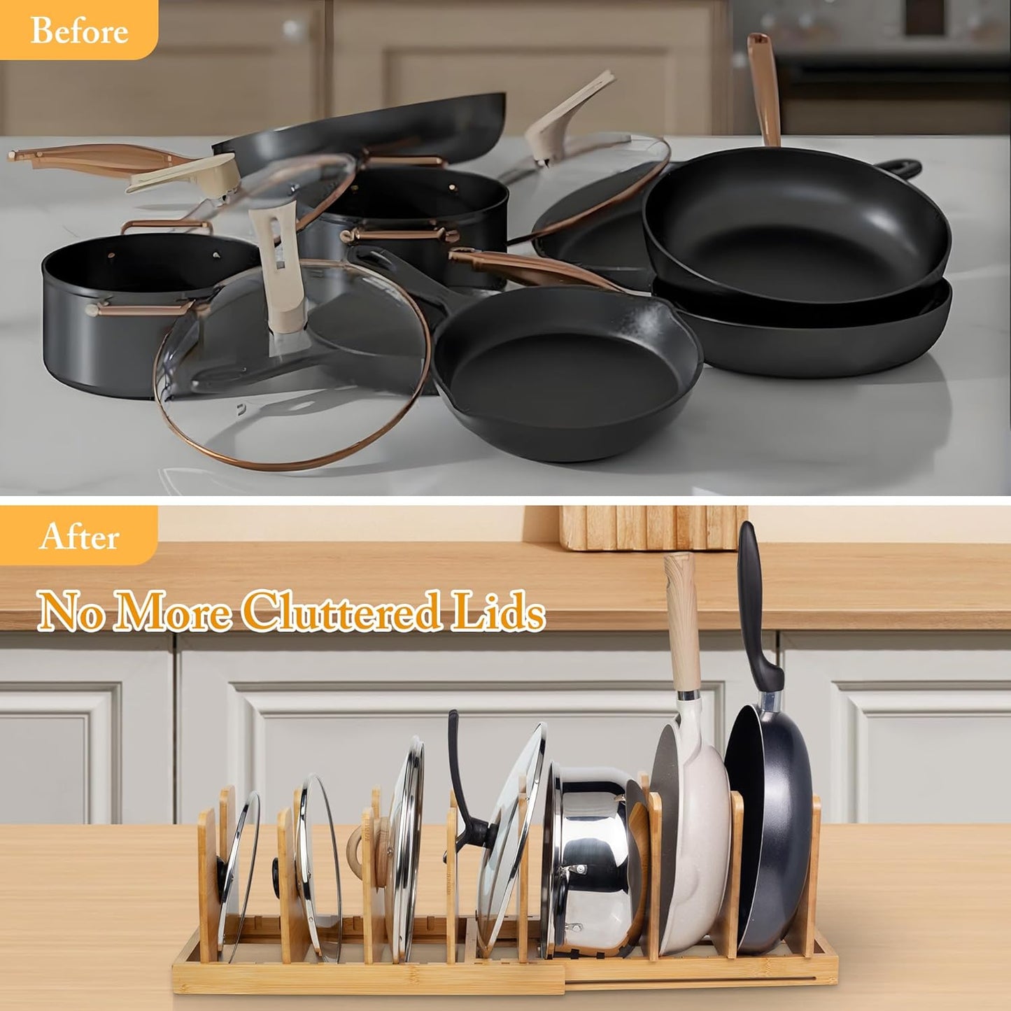 MinBoo Bamboo Expandable Pot Lid Organizer, Pot and Pan Organizer Drawer Organizer for Pot Lids, Adjustable 8 U-Shaped Dividers for Kitchen Cabinet Organizers and Storage