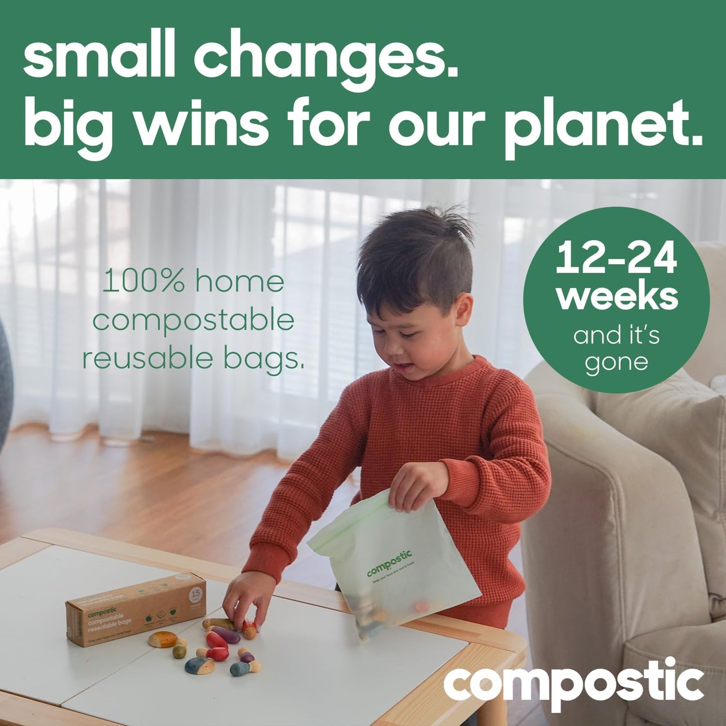 Compostic Home Compostable Resealable Snack Bags (6"x 3.5"), Microwave & Freezer Safe, Organic Food Storage Container, 100 Count (Pack of 2)