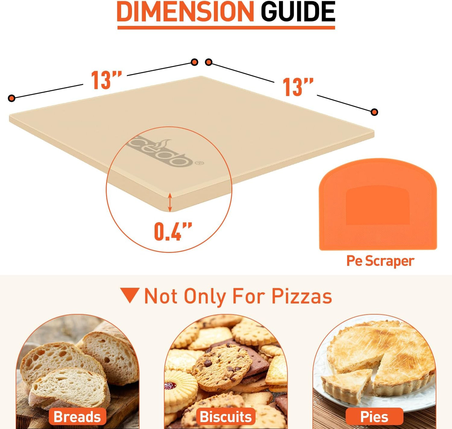 Pizza Stone For Oven and Grill 13 Inch, Baking Stone For Bread Thermal Shock Resistant BBQ Grilling Square Pizza Pan Cordierite Cooking Pan with PE Scraper