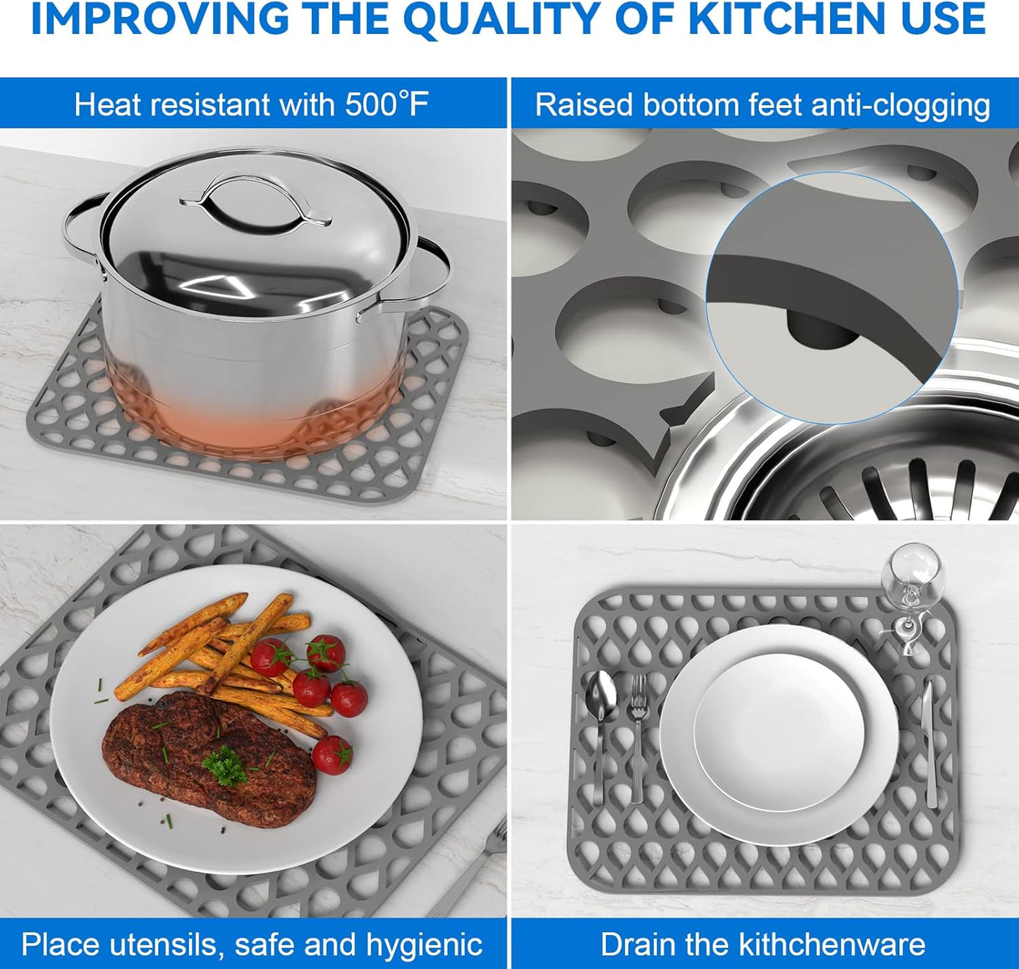 Sink Protectors for Kitchen, 1PCS TOOVEM 13.6"x11.6" Kitchen Sink Mats Large Grid for Bottom of Farmhouse Heat Resistant Silicone Grey