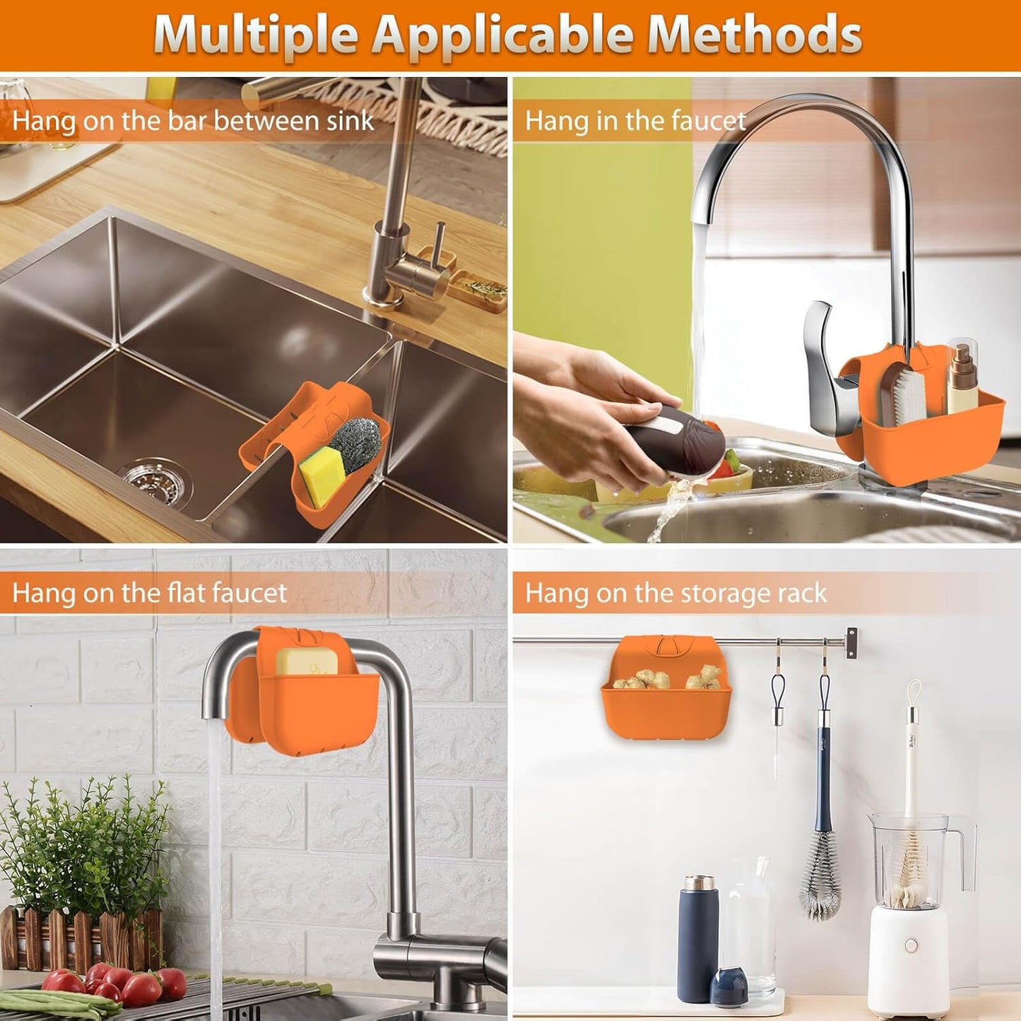 Sponge Holder for Kitchen Sink, Silicone Sink Saddle Caddy Organizer Rack, Sponges Holder Over Faucet, Hanging Kitchen Organizer Accessories Rack Basket Orange