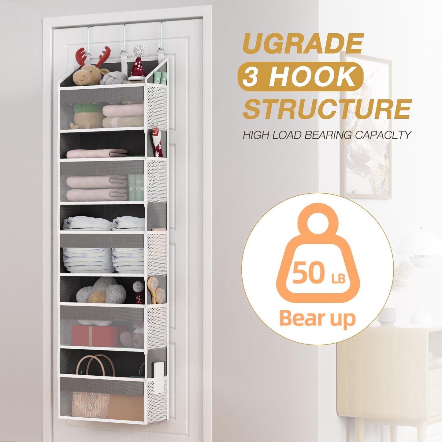 Over the Door Organizer with 5 Front & 10 Mesh Side Pockets, 50LB Capacity Extra Large Hanging Storage Organizer Multi-Room Space-Saving Design with 3 Sturdy Hook for Closet, Bathroom, Kitchen, Pantry