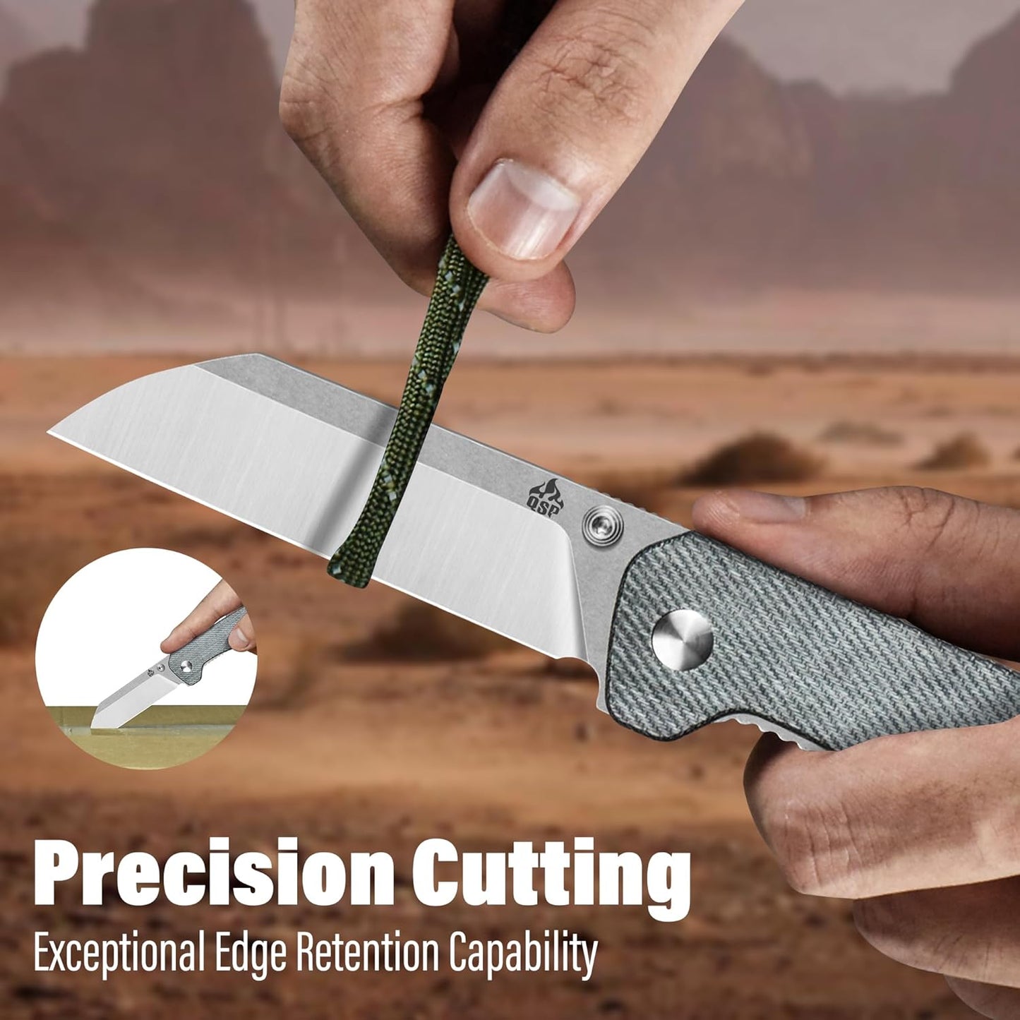 QSP Penguin V2 Folding Pocket Knife, 3.06" D2 Two Tone Finish Stonewash Satin Blade EDC Knife, Denim Micarta Handle, Liner Lock, Ceramic Ball Bearings, Reversible SS Deep Carry Clip