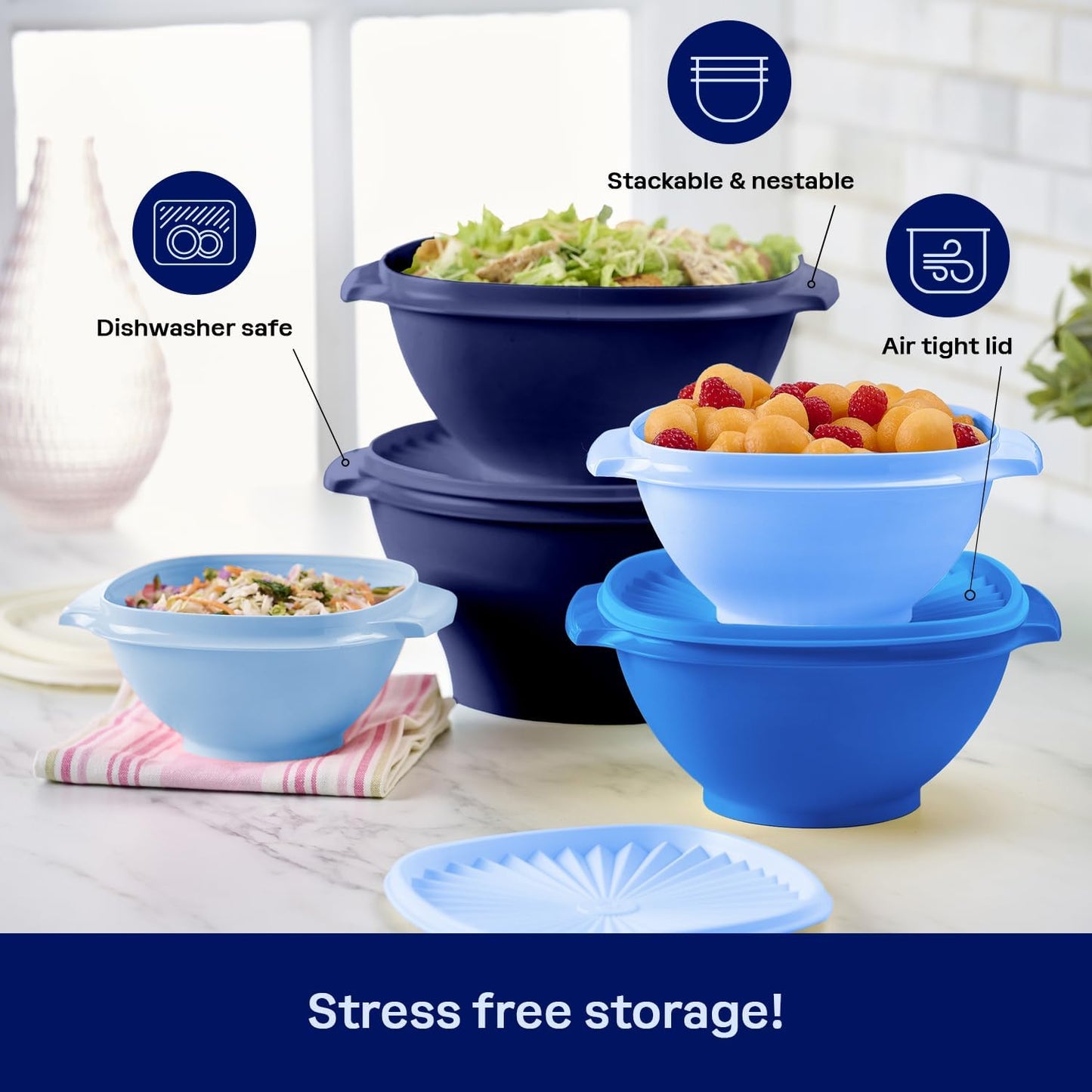 Tupperware Heritage Collection, New 10 Piece Food Storage Container Set in Vintage Blue, Dishwasher Safe and BPA Free (5 Bowls, 5 Lids)