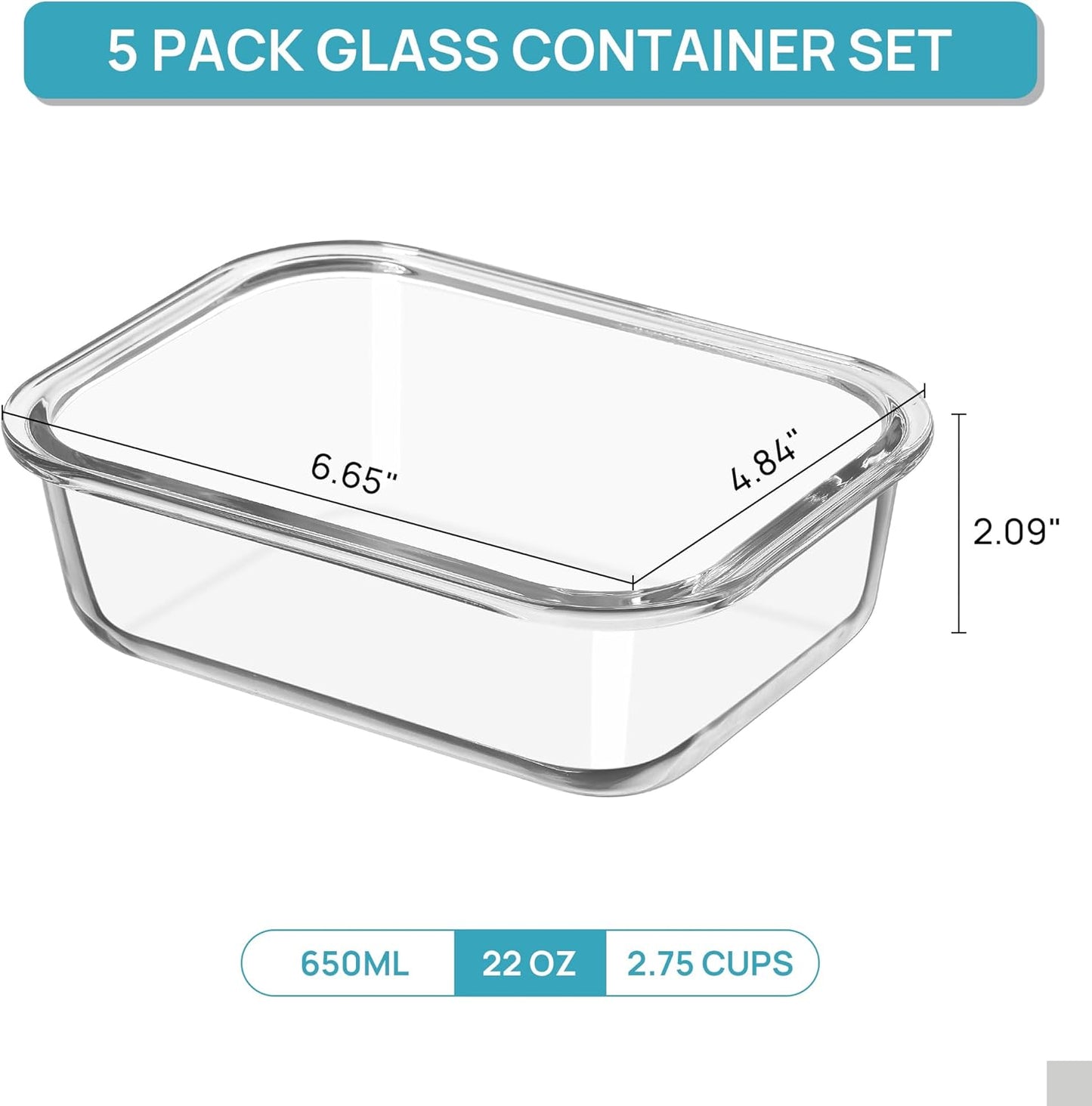 Vtopmart 5Pack 22oz Glass Storage Containers with Lids, Glass Meal Prep Food Container Sets with Snap Airtight Lids for Microwave, Oven, Freezer and Dishwasher