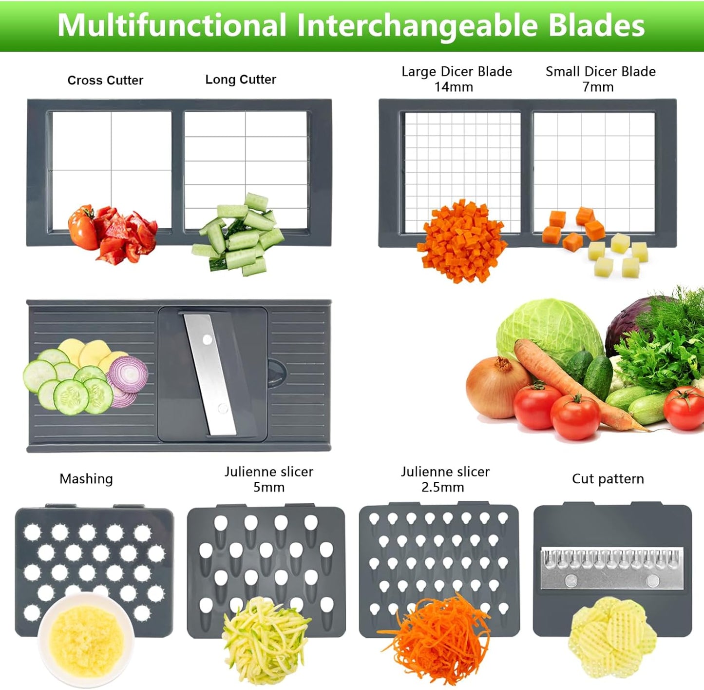 Vegetable Chopper, Onion Chopper Dicer, Mandoline Slicer, Food Chopper with Container, Vegetable Cutter for Salad Potato Carrot Garlic（9 Blades, Grey）