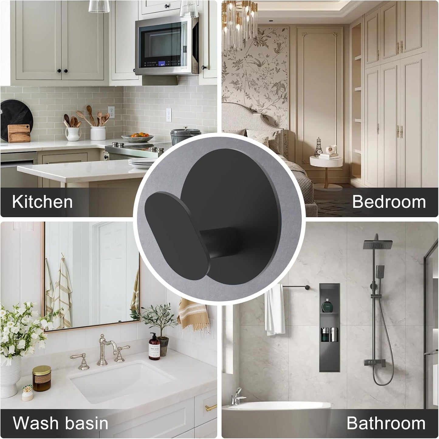 Adhesive Hooks, 4 Pack Towel Hooks Wall Hooks for Bathroom, Kitchen - Bath Robes Coat Hook for Hanging(Matte Black, Stainless Steel)