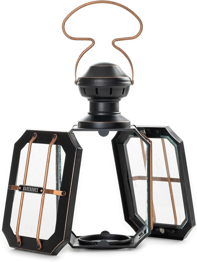 Barebones Box Candle Lantern – Vintage Steel & Glass Lantern for Indoor & Outdoor Use – Magnetic Doors, Hanging Handle & Replaceable Windows for Patio, Garden & Home Ambiance (Candle Not Included)