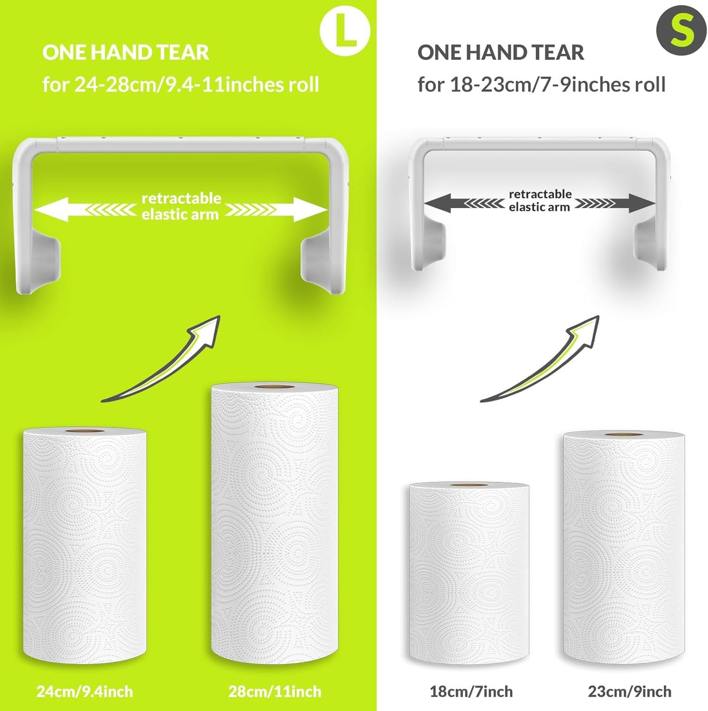 simpletome Paper Towel Holder Under Cabinet or Wall Mount ONE Hand Operation Tension Arm Kitchen Roll Holder (Silvery, for 24-28cm/9.4-11inches roll)