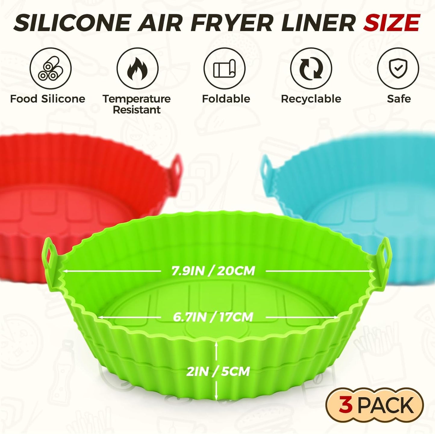 Buauty 3 Pack Air Fryer Silicone Liners 8inch Air Fryer Silicone Pot Reusable Food Grade Silicone Airfryer Liners Baking Basket Accessories Replacement of Flammable Disposable Parchment Paper