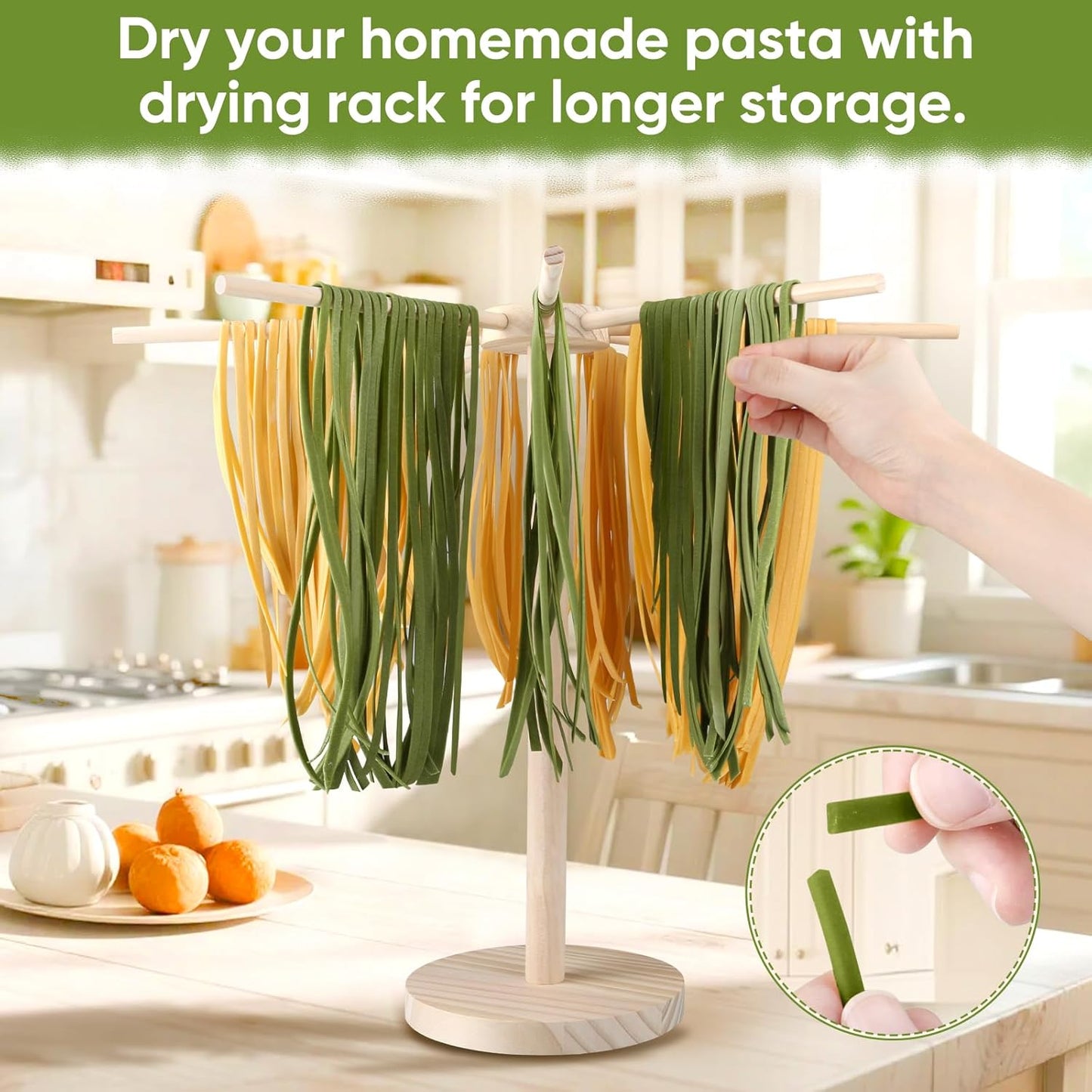 Pasta Drying Rack - 9 Sticks Wooden Pasta Dryer Stand for Homemade Fresh Pasta, Spaghetti, Fettuccine, Tagliatelle - Large Detachable Natural Wood Noodle Rack, Space Saving & Sturdy Design