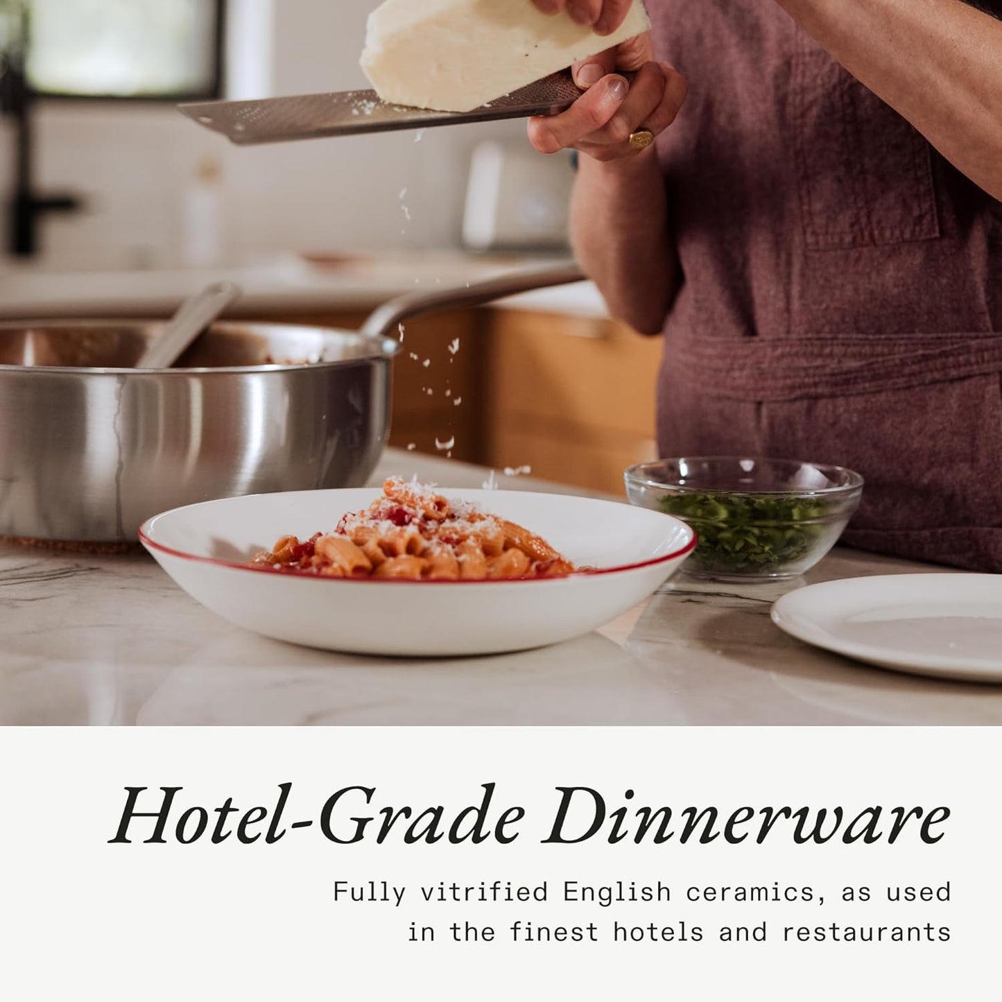 Made In Cookware - Set of 4 - Entrée Bowls - White With Red Rim - Porcelain - Crafted in England