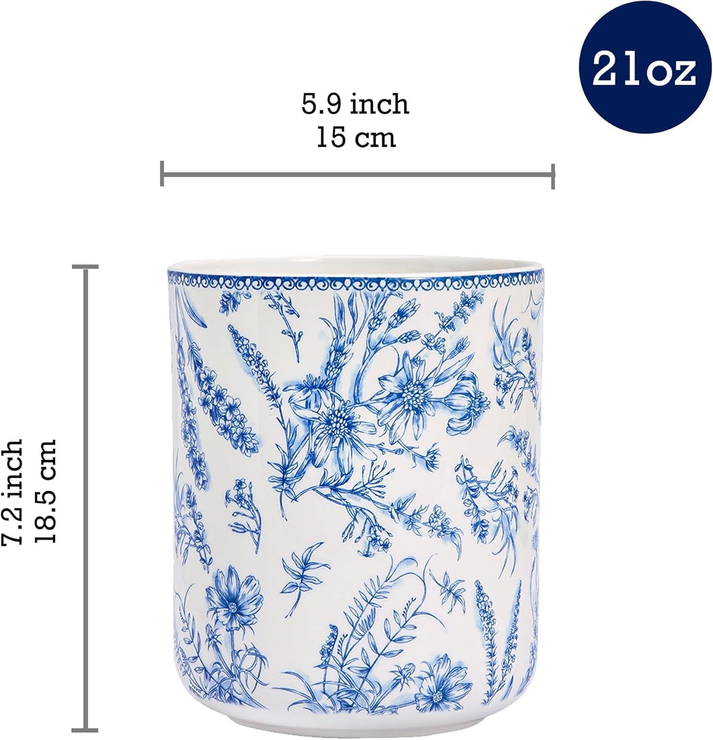 Bico Blue Garden Toile De Jouy Ceramic Utensil Holder Set of 2, Ceramic Kitchen Utensil Crocks for Countertop, Large Cooking Tool Holder Counter Decor, Spatula Organizer
