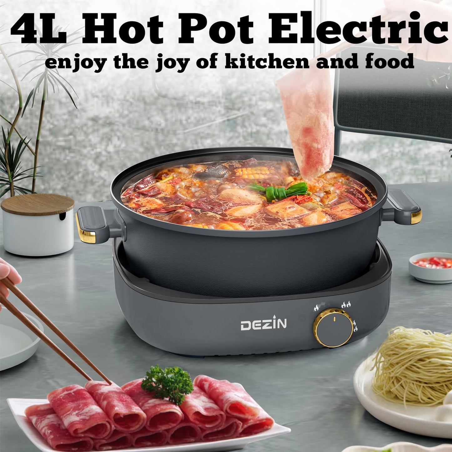 Dezin Electric Shabu Shabu Pot with Removable Pot, 4L Non-Stick Hot Pot Electric with Dual-Power Control, Electric Pot with Tempered Glass Lid for Party, Family and Friend Gathering
