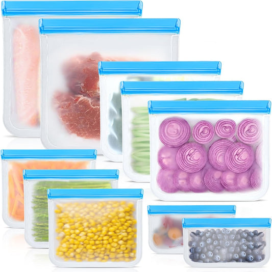 Reusable Silicone Food Storage Bags, 10 Pack 4 Size Leak proof Dishwasher Safe Reusable Freezer Bags for Food Storage Containers, Lunch Bag for Sandwich, Marinate Meat, Fruit