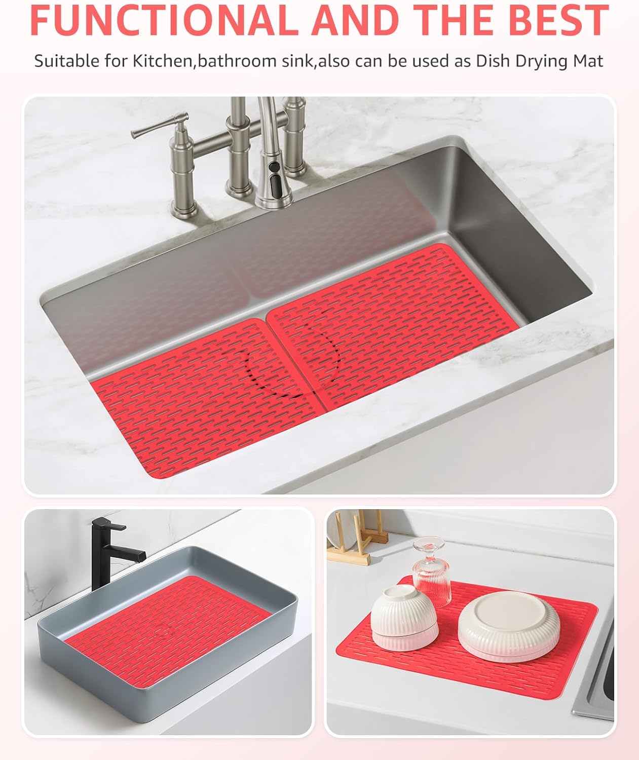 Bligli Mesh Sink Mat, 15.7 x 11.8inch Sink Prtector Mats for Kitchen Sinks, PVC Eco-Friendly Sink Protectors for Bottom of Sink, Fast Draining, Easy Cleaning, Clear Red