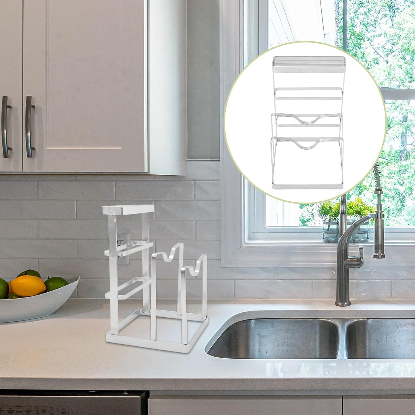 Stainless Steel Pot Lid Stand and Chopping Board Rack for Kitchen Countertop Organization, Knife Storage Block, Space-Saving Cooking Accessory