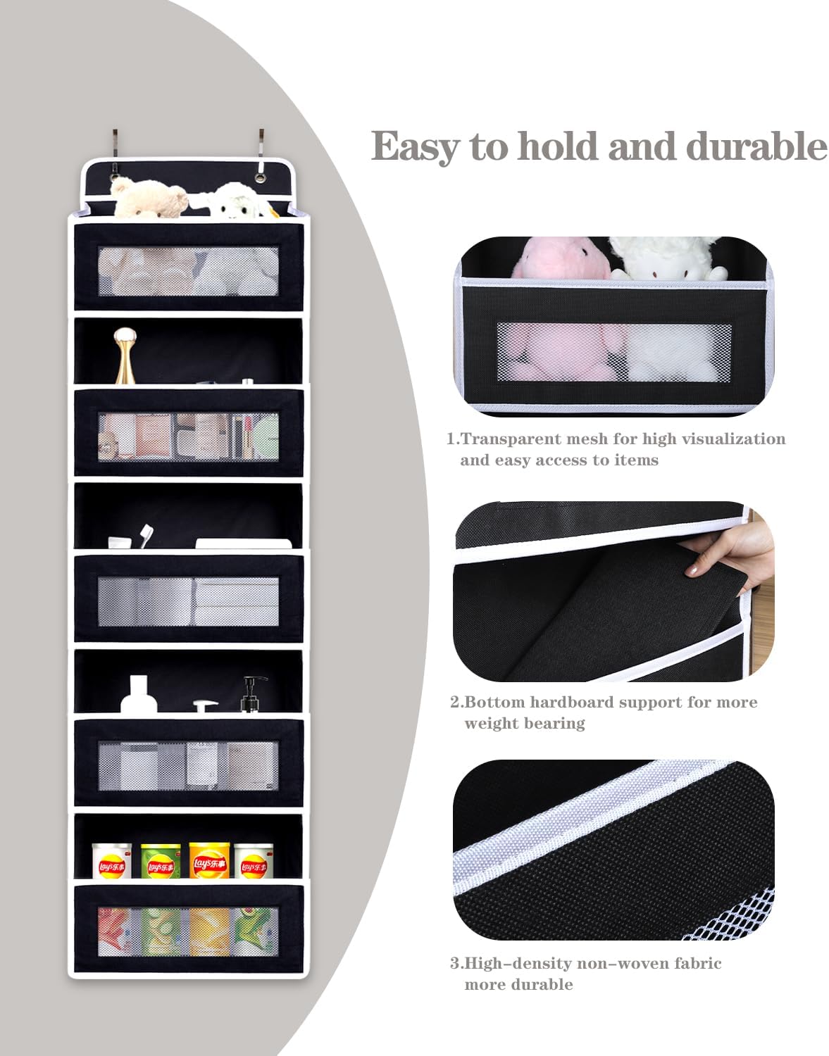 Over Door Hanging Storage Organizer, 5 Large Pockets, 10 Mesh Pockets,Black, 44 lbs Capacity (Black)