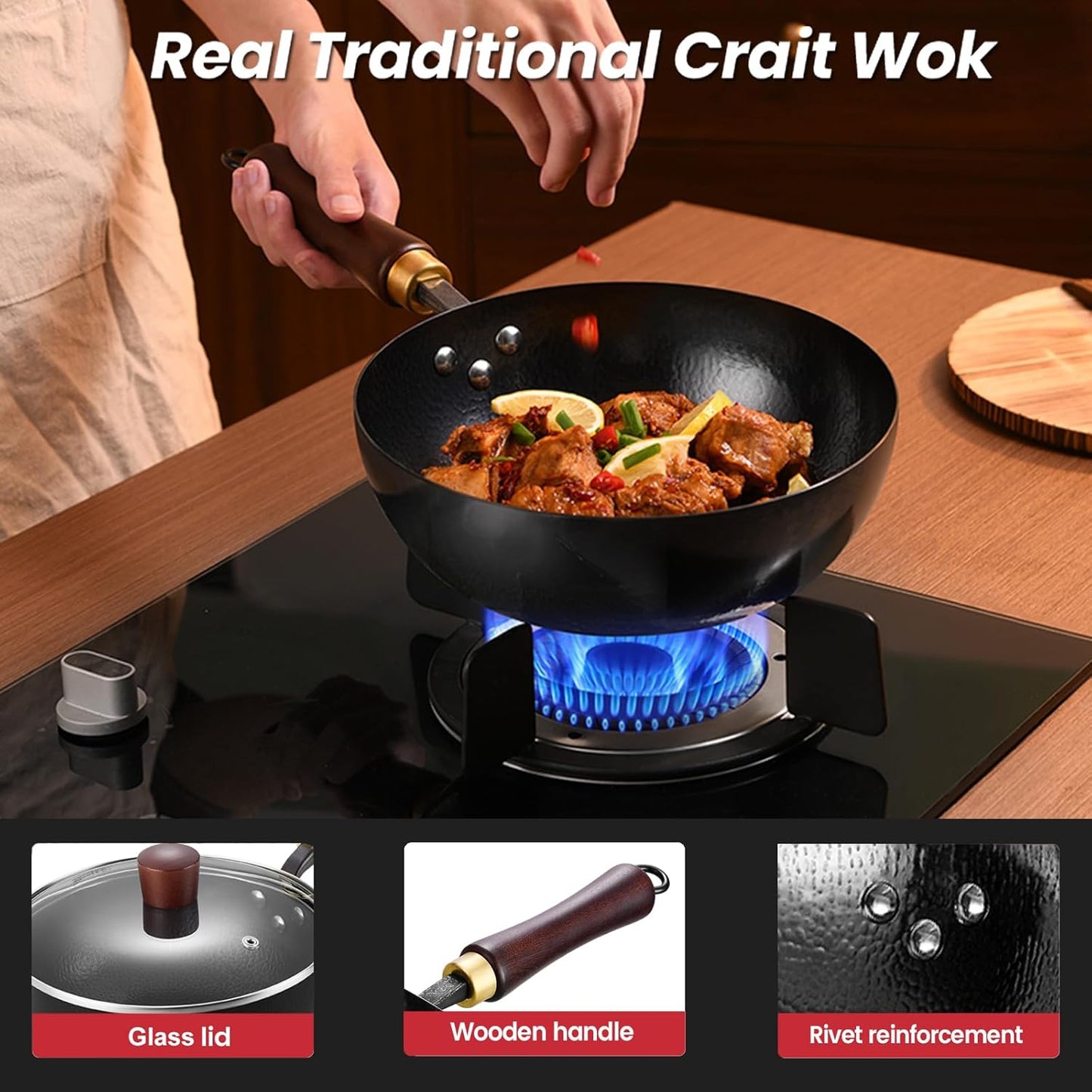 Carbon Steel Wok Pan, 9.5 “ Woks & Stir-Fry Pans with glass Lid Cookwares, Nonstick Wok, No Chemical Coated Flat Bottom Hand Hammered Chinese Wok For for Electric, Induction, for All Stoves