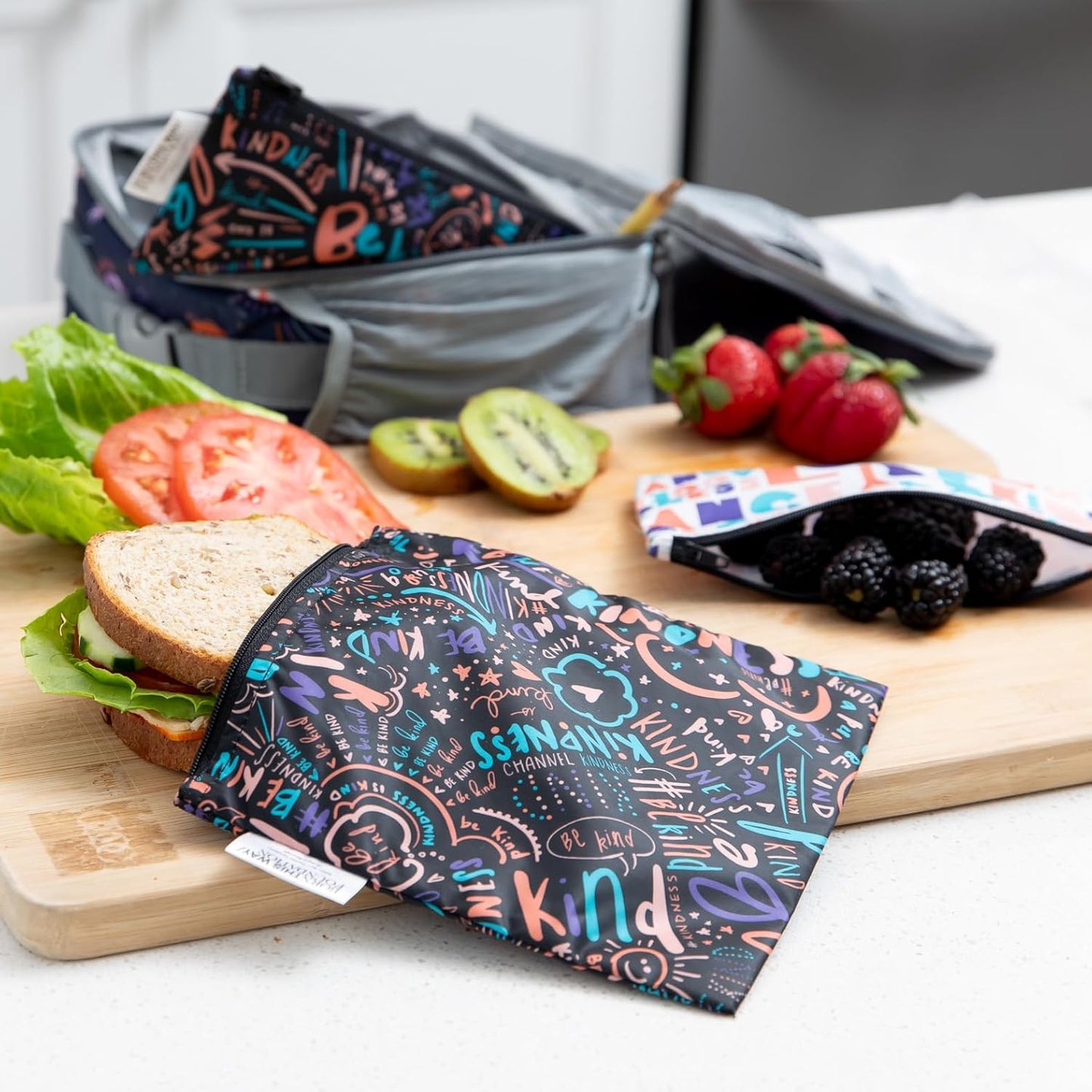 Bumkins - Cloth Snack & Sandwich Bags - For Storage, Travel, Food Prep, Lunch - Reusable, Water Resistant, Washable, Dishwasher Safe - Snack Bags for Kids - Zipper Closure - BTWF Kindness - 4 Pack