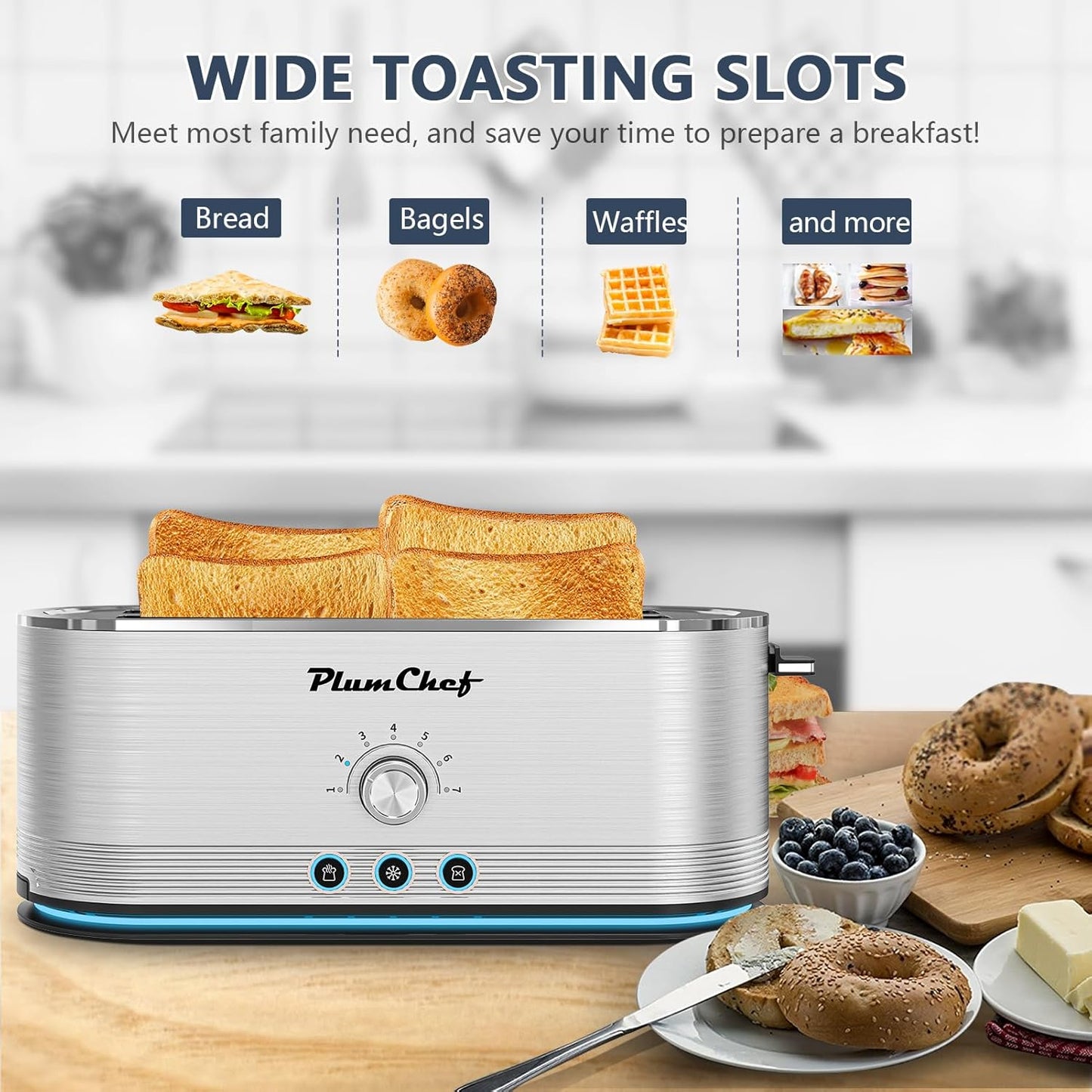 4-Slice Long Slot Toaster, 7 Browning Settings, Defrost/Reheat Functions, Removable Crumb Tray, Full body Stainless Steel Housing, 1350W, Anti-Fingerprint & Anti-Jam,Silver