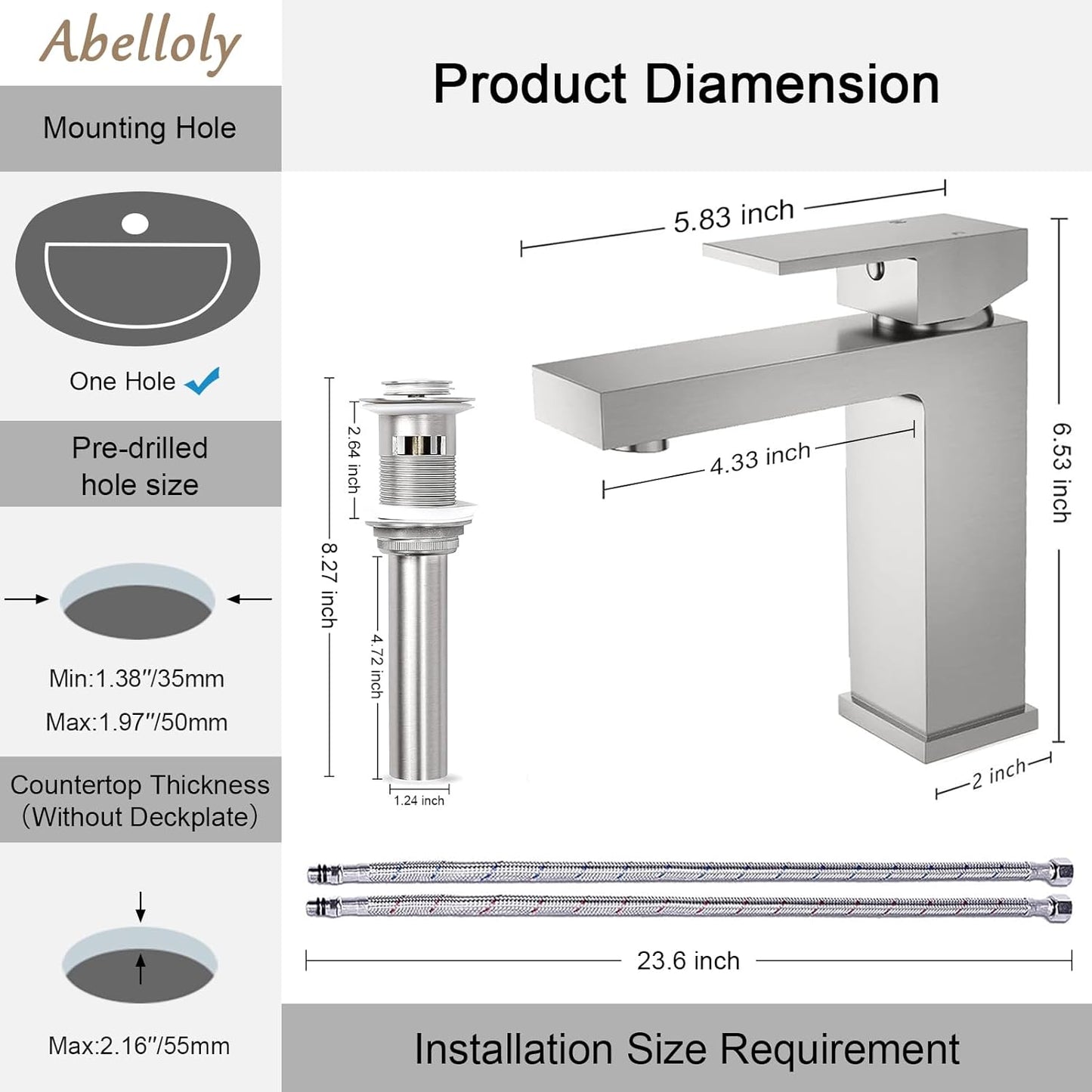 Brushed Nickel Bathroom Faucet for 1 Hole, CEC & cUPC Certified Lead-Free Solid Brass Vanity Faucet for Bathroom Sink with Pop Up Drain Stopper & Water Supply Hoses