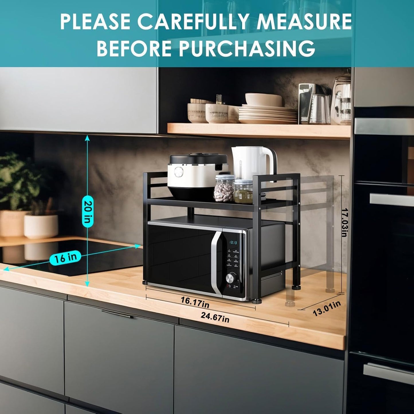 DOLALIKE Microwave Oven Rack, Expandable Microwave Stand Countertop Kitchen Utensils Tableware Storage, Carbon Steel Over Microwave Shelf Countertop with 3 Hooks