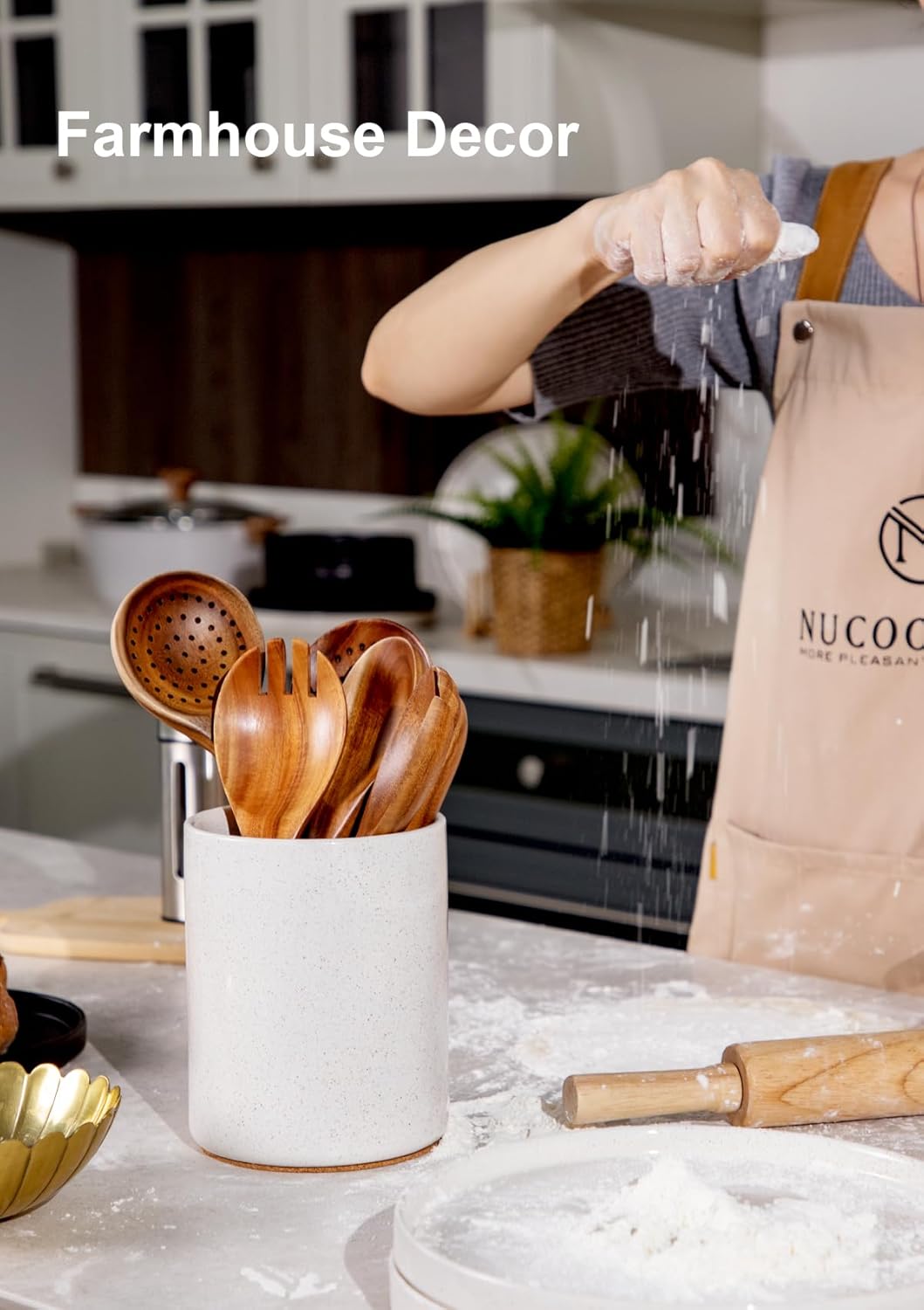 Nucookery Utensil Holder, 6.4" Ceramic Kitchen Utensil Holder for Countertop with Protection Cork Bottom, Vintage Farmhouse Kitchen Decor for Counter, Gift (Sand)