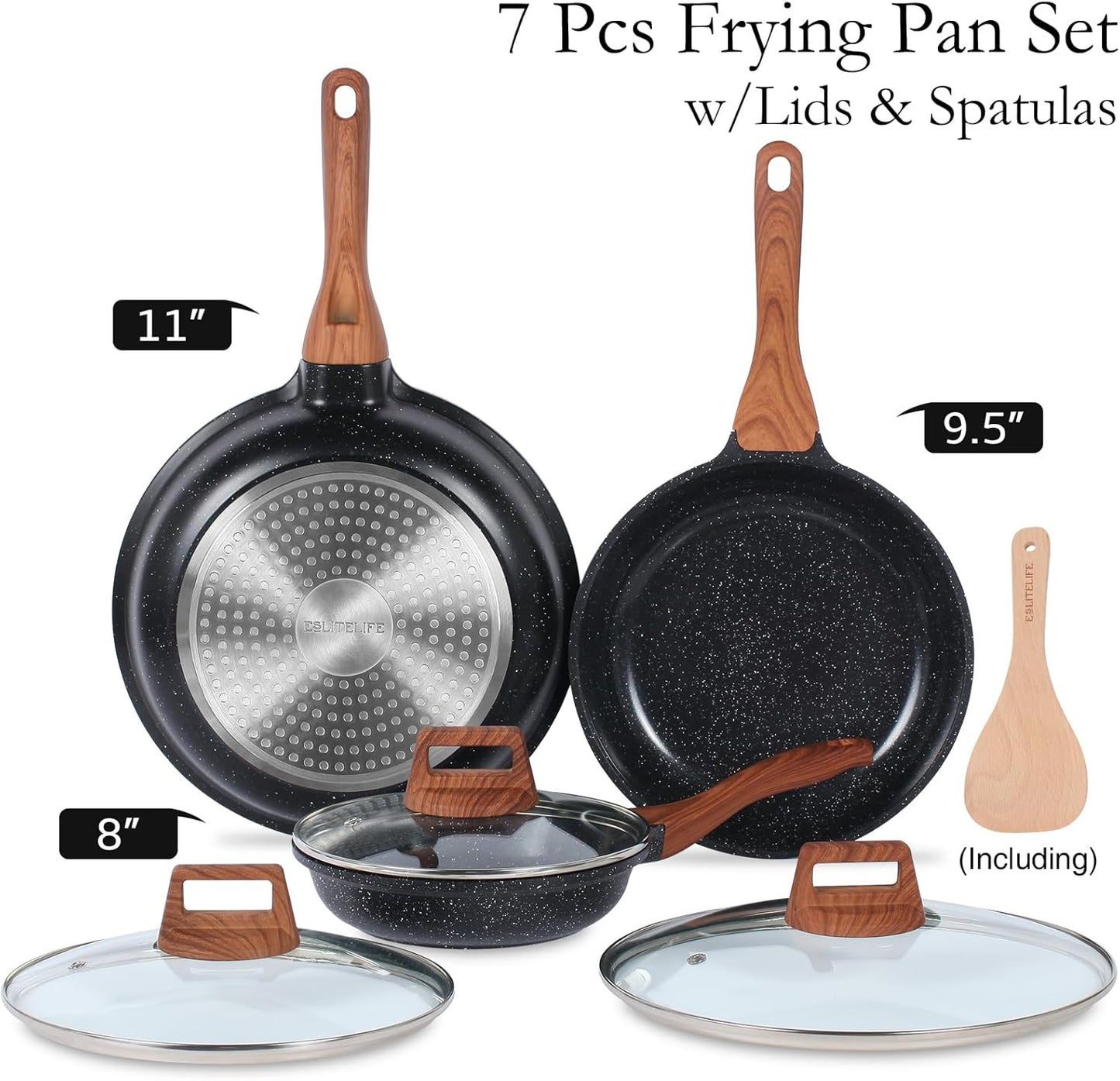 ESLITE LIFE Nonstick Ceramic Frying Pans Skillets Set with Lids, Non-Toxic Egg Omelette Kitchen Cooking Pans Compatible with All Stovetops (Gas, Electric & Induction), PTFE & PFOA Free (Black)