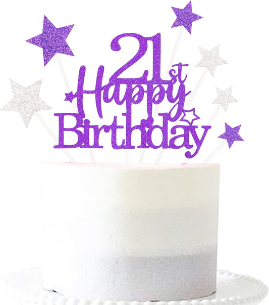 Glittery 21st Happy Birthday Cake Topper with Star,Personalised 21 Birthday Cake Toppers Party Decorations Party Supplies for Boys Girls Purple Silver