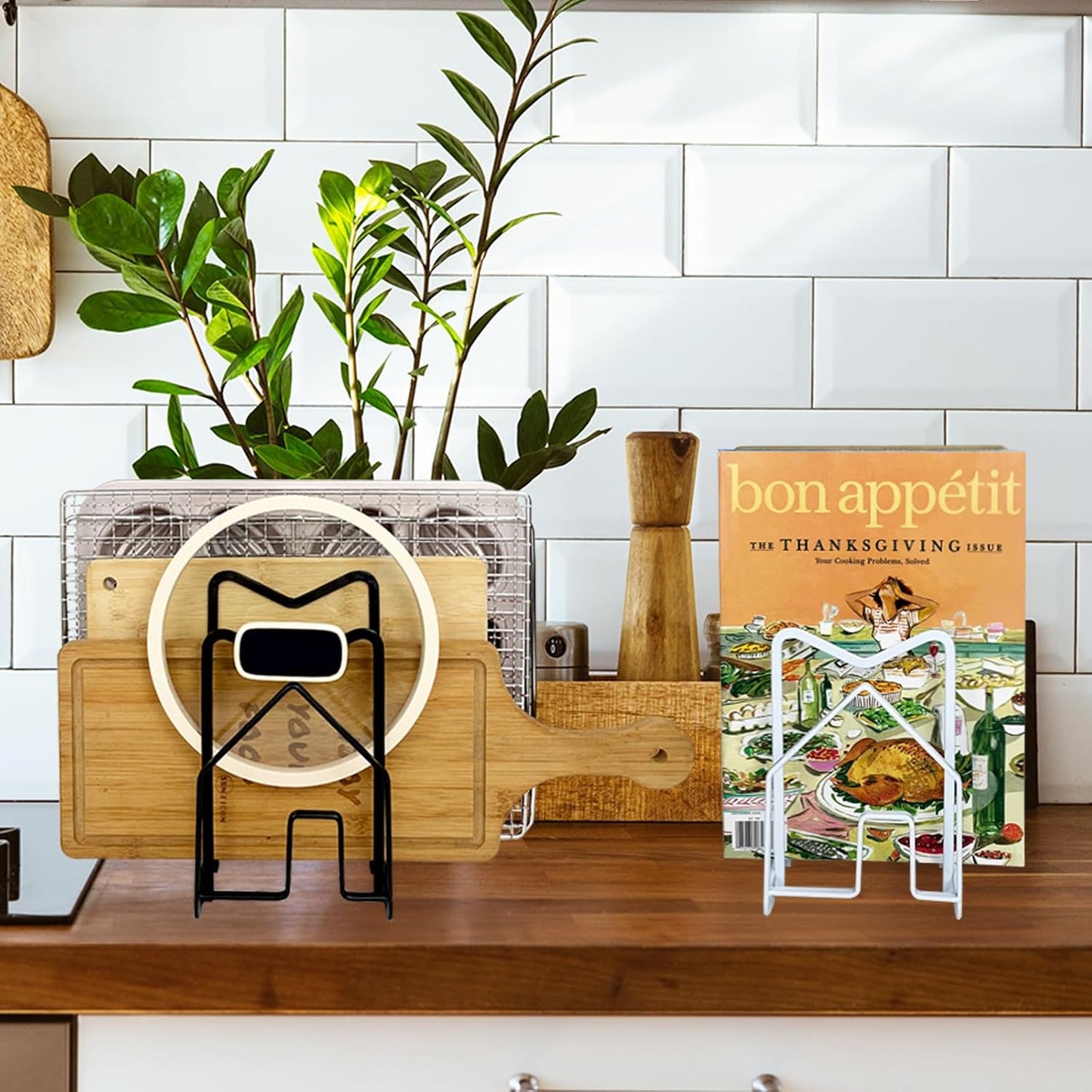 SUNFICON 2 Pack White Cutting Board Holder Rack Pot Pan Lids Holder Chopping Board Organizer Thin Bakeware Tray Dry Display Stand Kitchen Countertop Cabinet Office