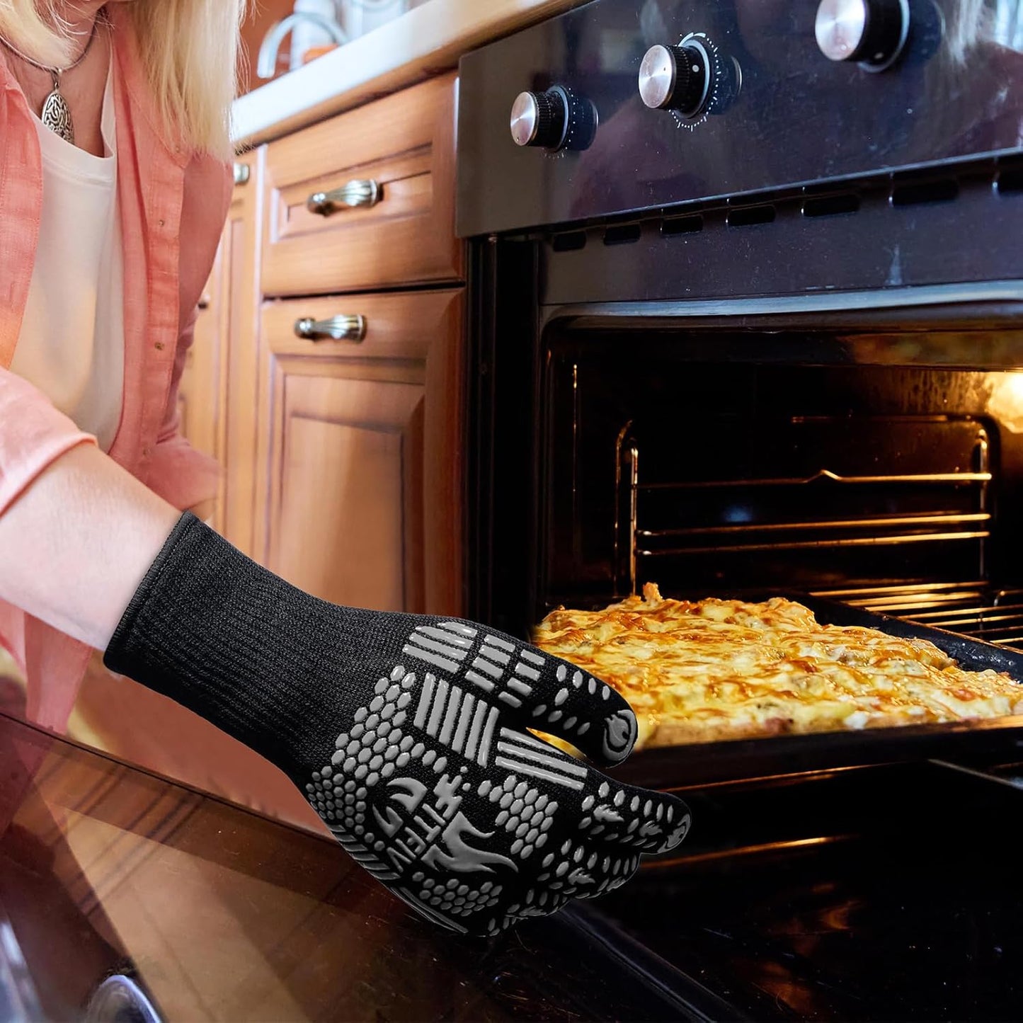 BBQ Gloves, Oven Gloves, 1472°F Extreme Heat Resistant Barbecue Gloves, Silicone Non-Slip Oven Mitts, Kitchen for Cooking, Grilling, and Baking (Gray)