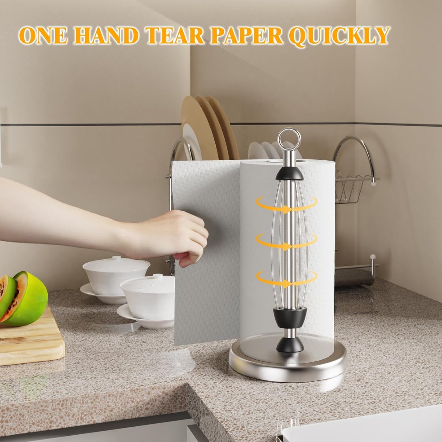 HZE Paper Towel Holder Countertop, One-Handed Tear, Stainless Steel, Weighted Base, Silver, Ring Paper Towel Holder Stand with Ratchet System for Kitchen Farmhouse Essentials Decor Accessories
