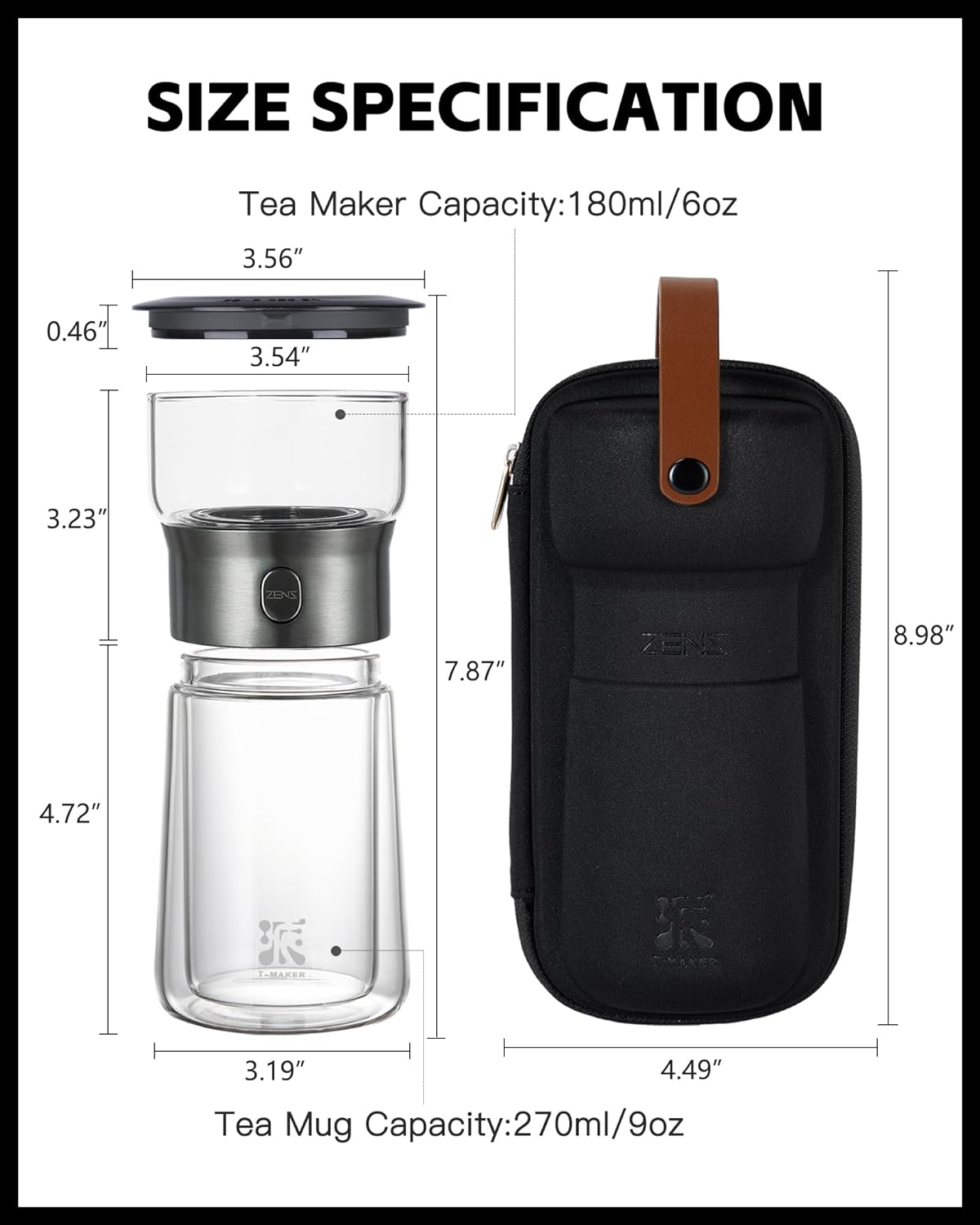 ZENS Modern Glass Tea Infuser Teapot, Smart One Touch Tea Maker for Loose Tea Diffusers with Insulated Mug and Portable Tea Kits, Cool Gongfu Tea Pot for Black Tea Lover Gifts