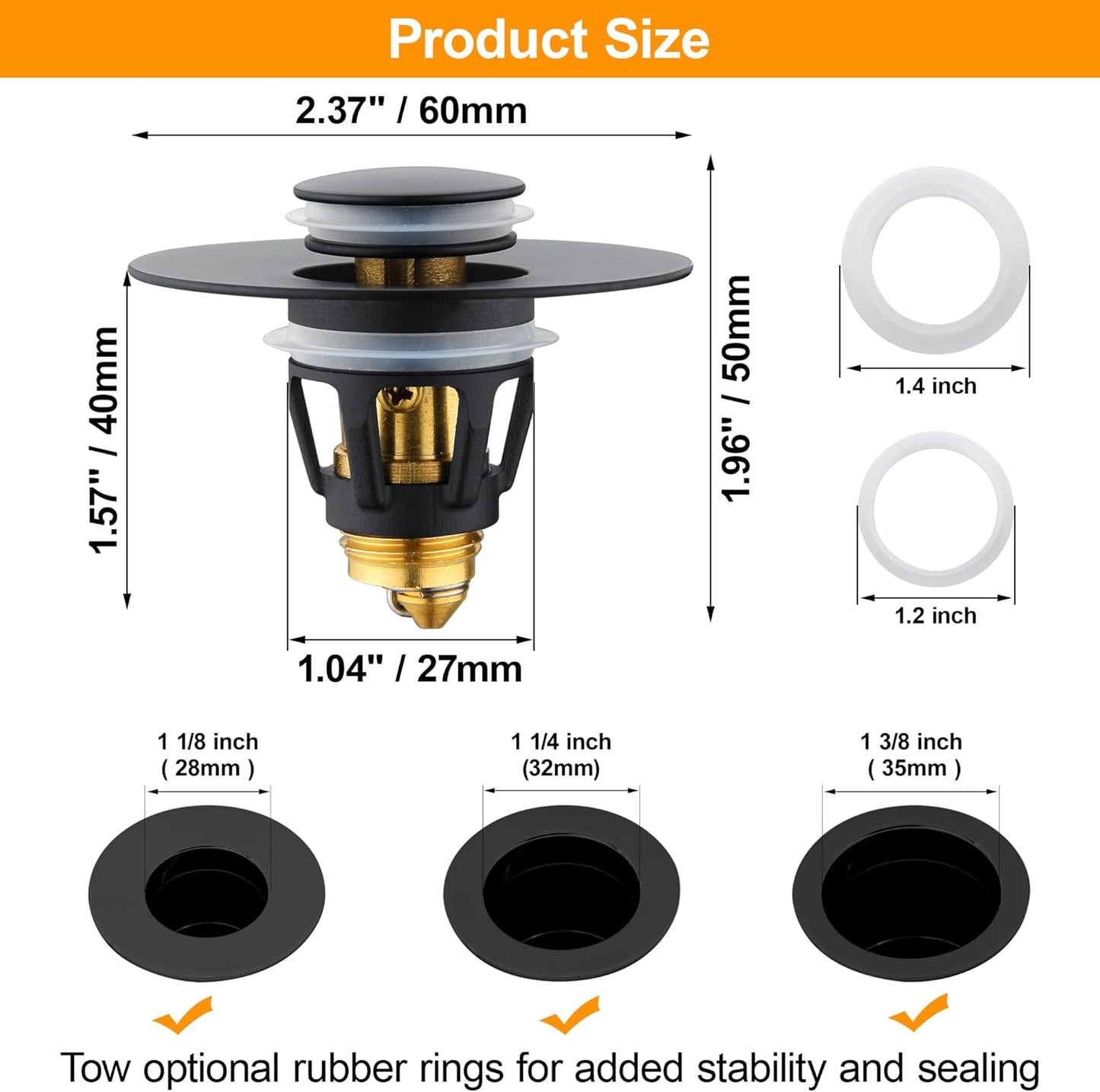 Black Bathroom Sink Drain Stopper, Sink Stopper Fits for 1.25" Drain Hole with 3 Rubber Rings, Anti Clogging Pop up Drain Filter Plug, Wash Basin Strainer with Basket, Matte Black