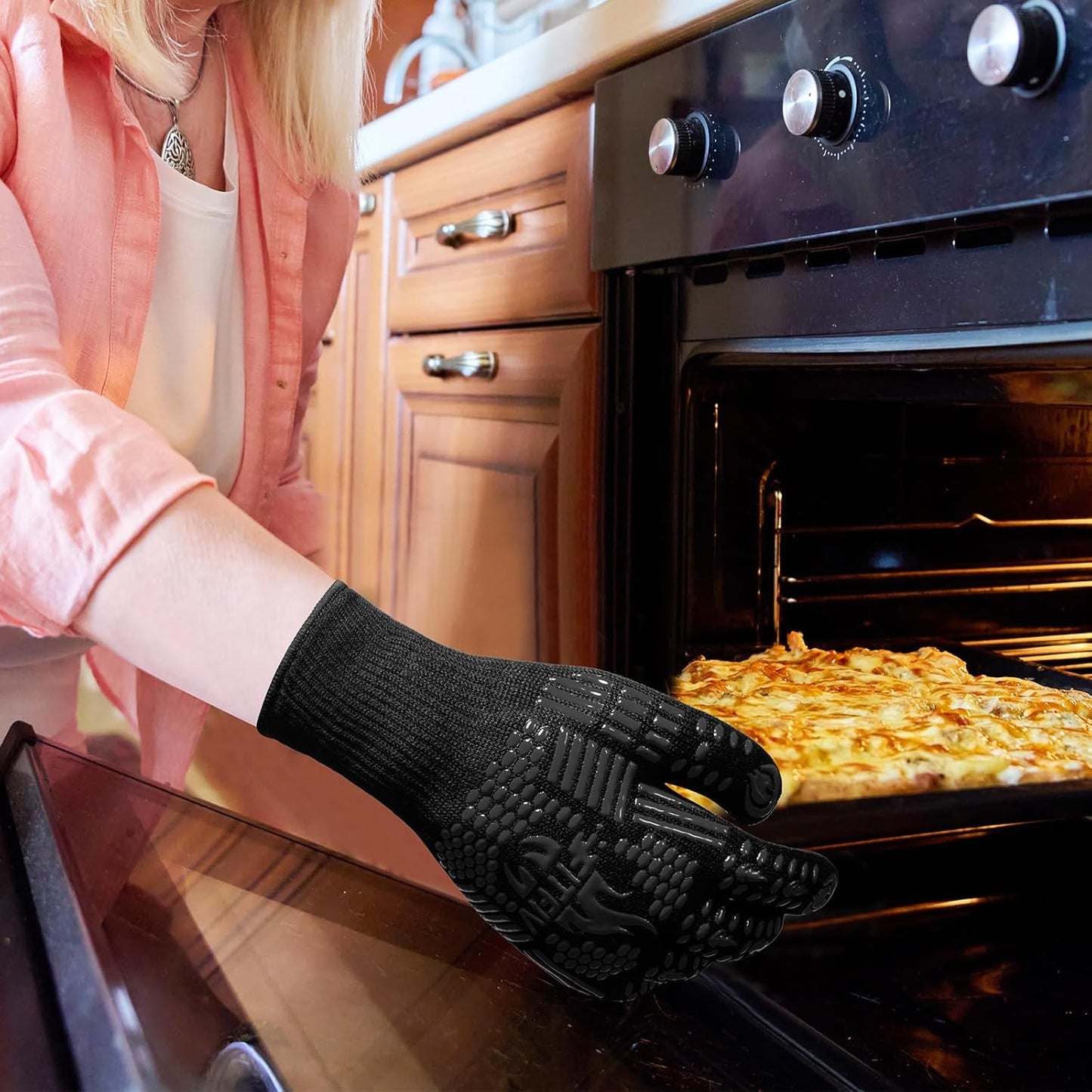 BBQ Gloves, Oven Gloves, 1472°F Extreme Heat Resistant Barbecue Gloves, Silicone Non-Slip Oven Mitts, Kitchen for Cooking, Grilling, and Baking (Black)