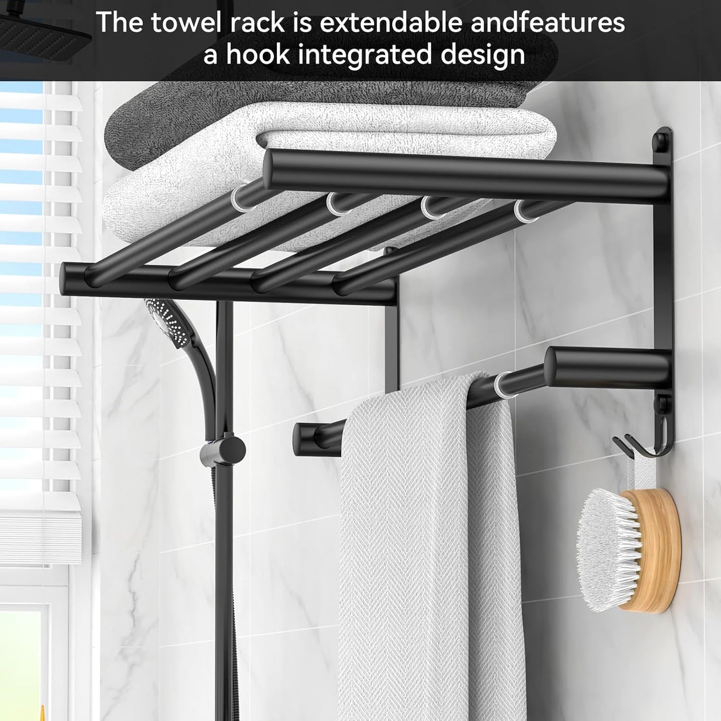 Adjustable Towel Bar for Bathroom Wall Mount17-30.7inch Adhesive Shower Towel Rack Stainless Steel Bath Towel Holders for Toilet Kitchen Double Towel Hanger (Black 2-Layer Towel Rack)