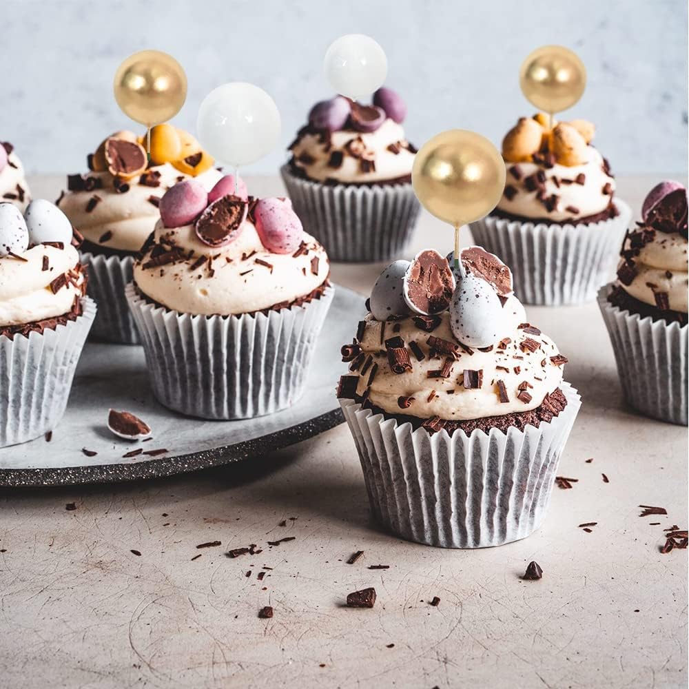 BEISHIDA-Cake Topper Gold 27 Pack Cupcake Topper with Mini Balls, Happy Birthday Acrylic Toppers Insert Pick DIY for Cake Decorations Anniversary Wedding Baby Shower Party (Gold/White)