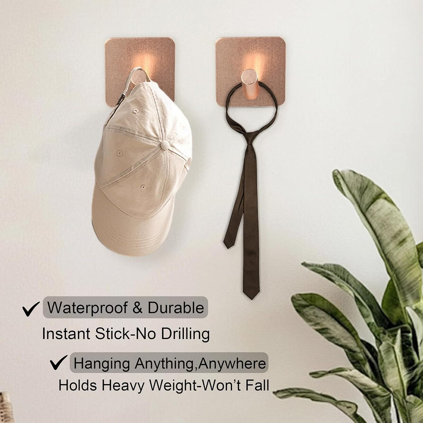 Aluminum Wall Hooks, No Drill Damage-Free Adhesive Hook, Product for Hanging Heavy Duty for Bathroom Kitchen Home (Slanting Square Rose Gold Hook, 4)