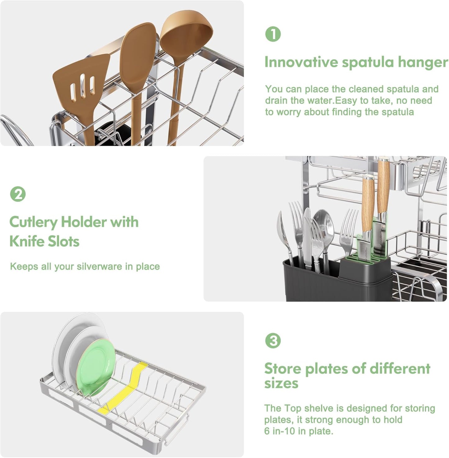 BOOSINY 2 Tier Stainless Steel Dish Drying Rack for Kitchen Counter, Large Dish Dryer Rack for Saving Space, Dish Drainers with Cup Holder & Utensil Holders, Silver