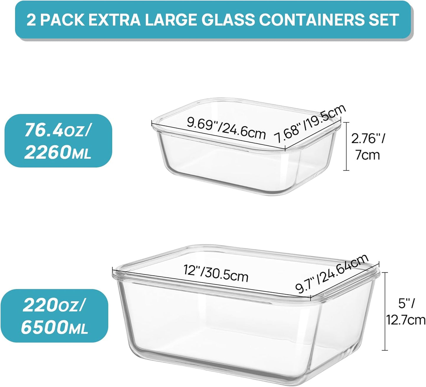 Vtopmart 220oz + 76.4oz Extra Large Glass Storage Containers Set, Meal Prep Food Container Sets with Snap Airtight Lids for Roasting Turkey, Rotisserie Chicken, Baking, Watermelon Storage, BPA Free